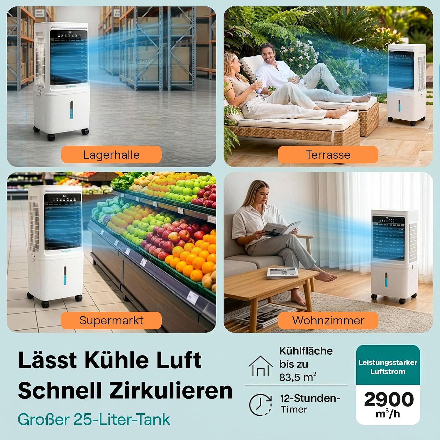 SereneLife Klimaanlage ohne Abluftschlauch, 25L Verdunstungsluftkühler für Große Räume, 1700 CFM, Kühlakku-Funktion, Timer Abnehmbarer Wassertank 80W, 60/120°Oszillation, Leise mit Rollen