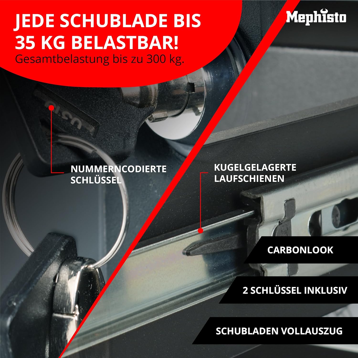 Mephisto XXL Werkzeugwagen Werkstattwagen mit 8 Schubladen Davon 7 mit Werkzeug wie Schraubenschlüssel, Ratsche mit Nusskasten, Schraubendreher usw. in Soft Inlays in Carbonoptik gefüllte Schubladen