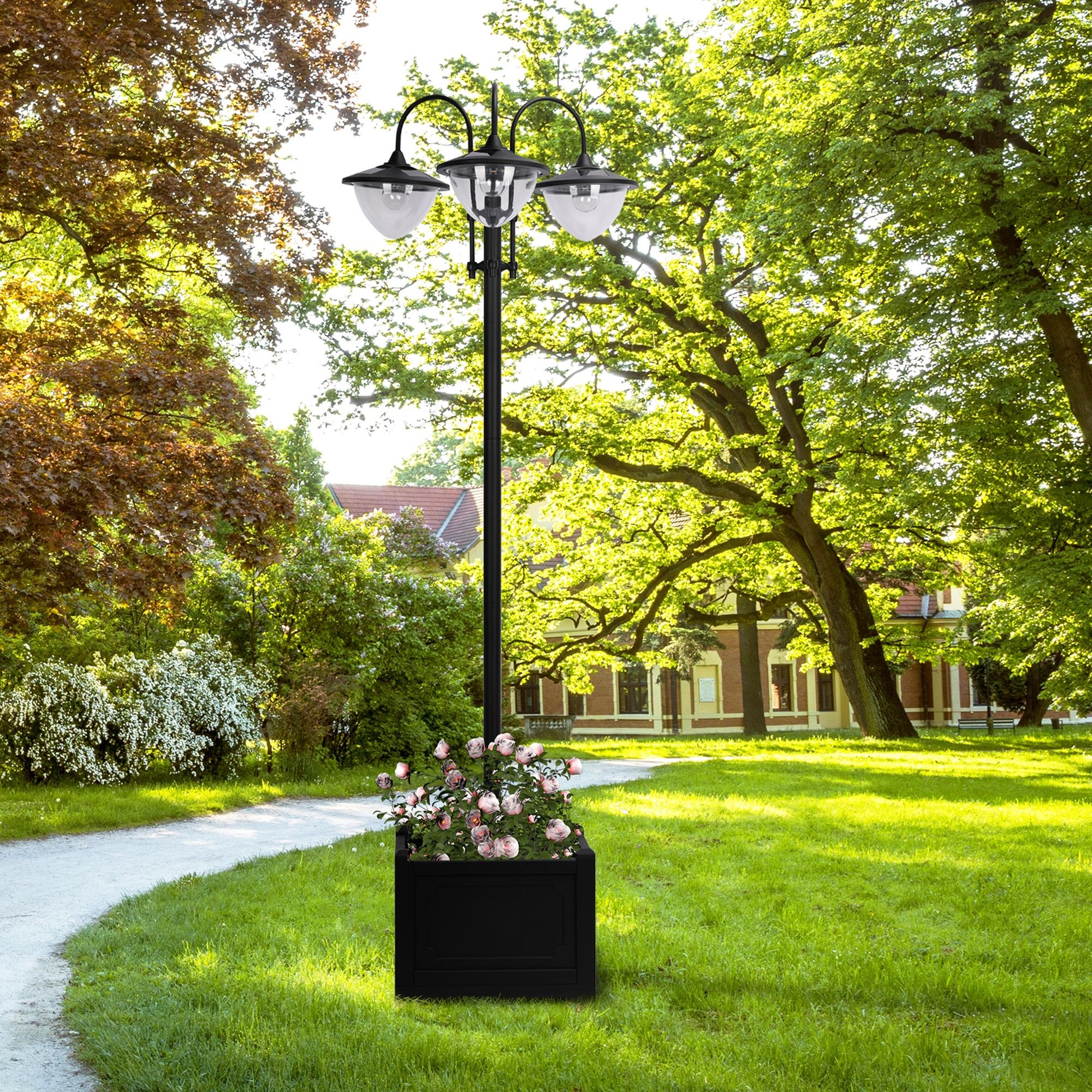 Outsunny Solar Laterne Stehleuchte aus Metall, Gartenlaterne mit Lichtsteuerung, 189 cm hoch, Windlicht Außenleuchte, Wasserdicht IP44 mit Blumentopf-Basis für Garten Balkon Deko Schwarz
