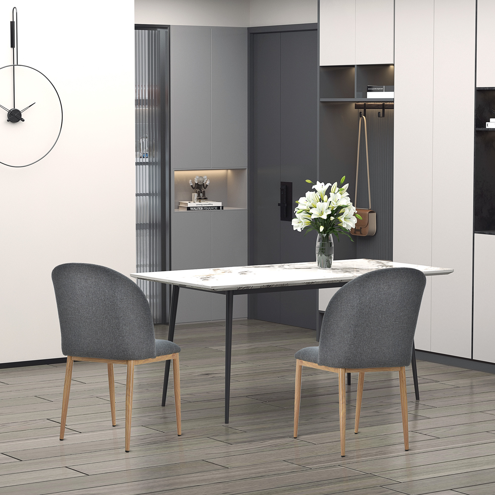 HOMCOM Set mit 2 Diningstühlen Esszimmerstühle mit Metallbeinen in Holzoptik 50 x 58 x 85 cm Grau