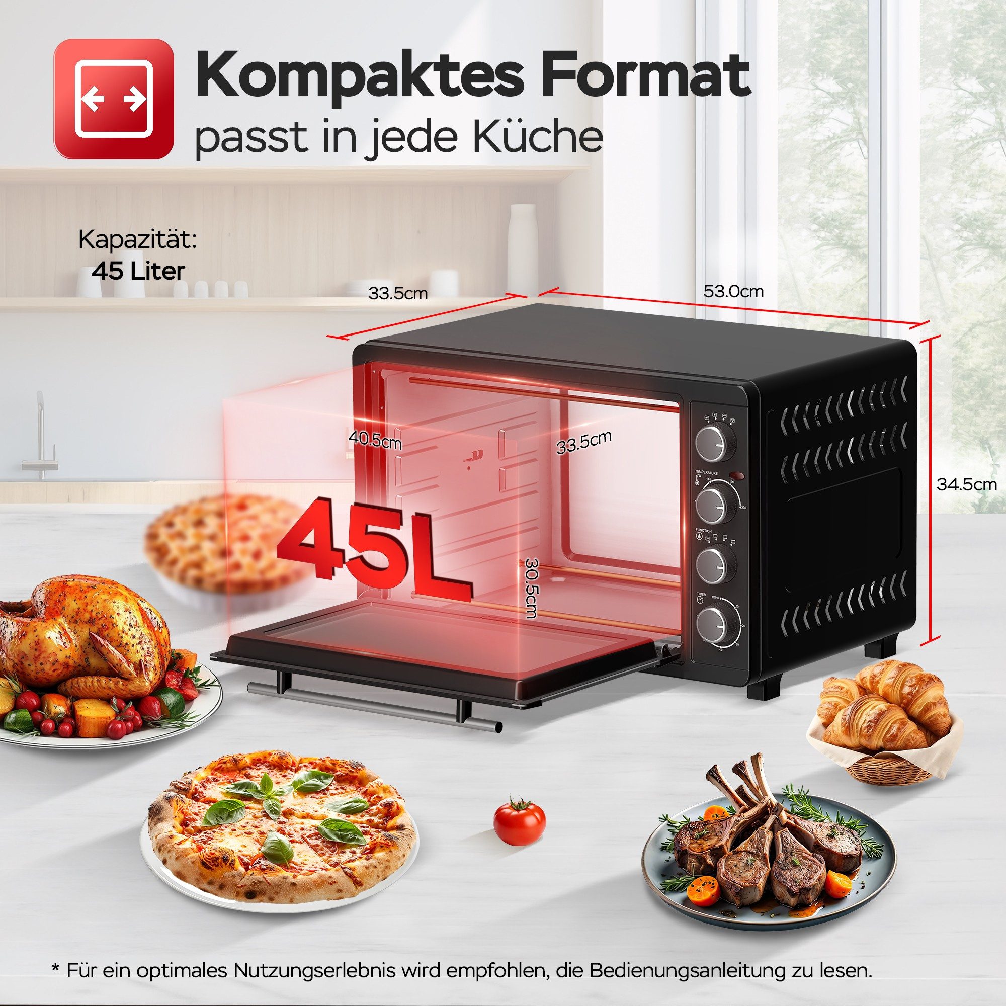 Minibackofen 45 Liter inkl. Drehspieß, Grillrost & 2x Backblech 2000W Elektroofen
