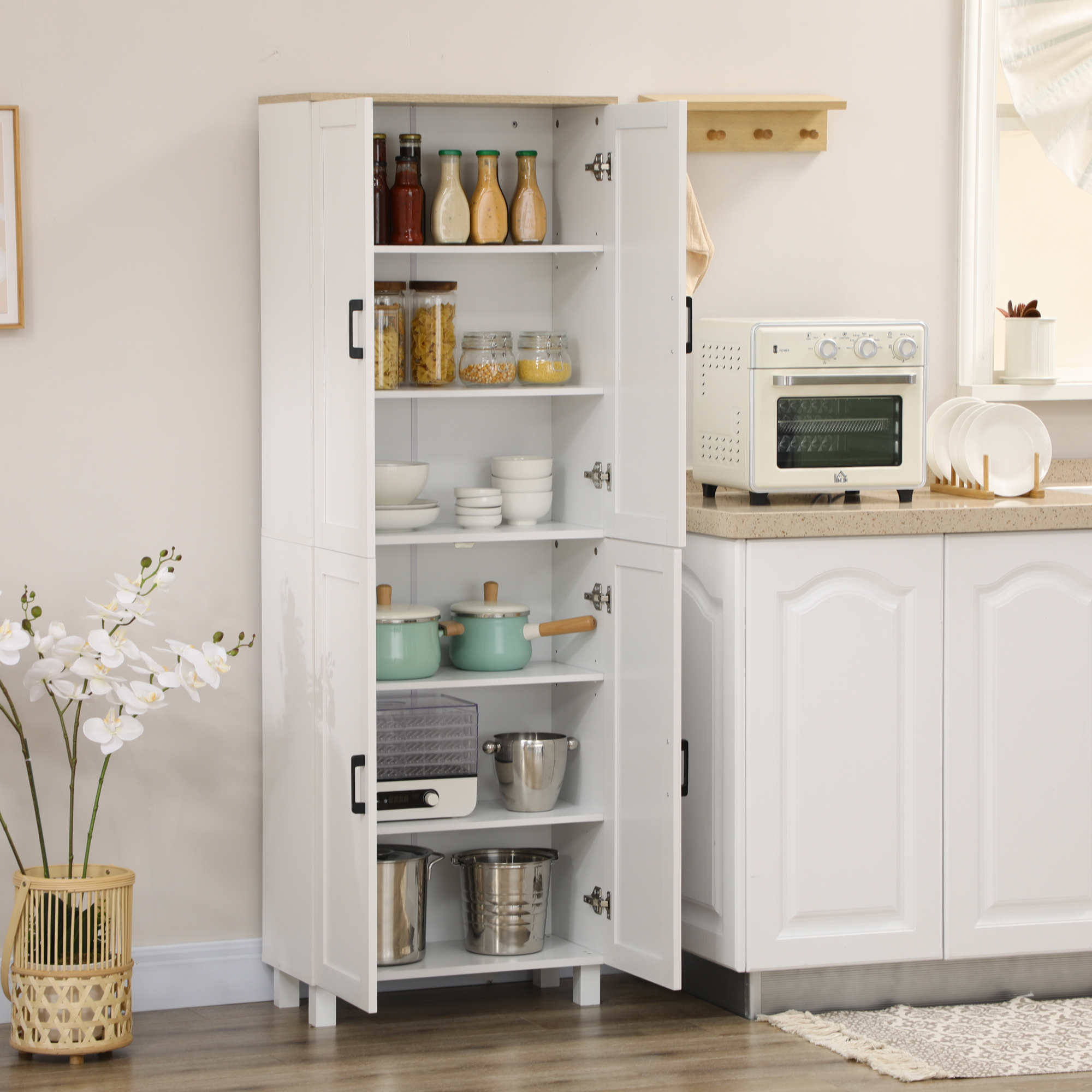 HOMCOM Küchenschrank Höhe 170 cm hoher Buffetschrank mit 4 Türen und verstellbaren Regalen, modernes Design, weiß