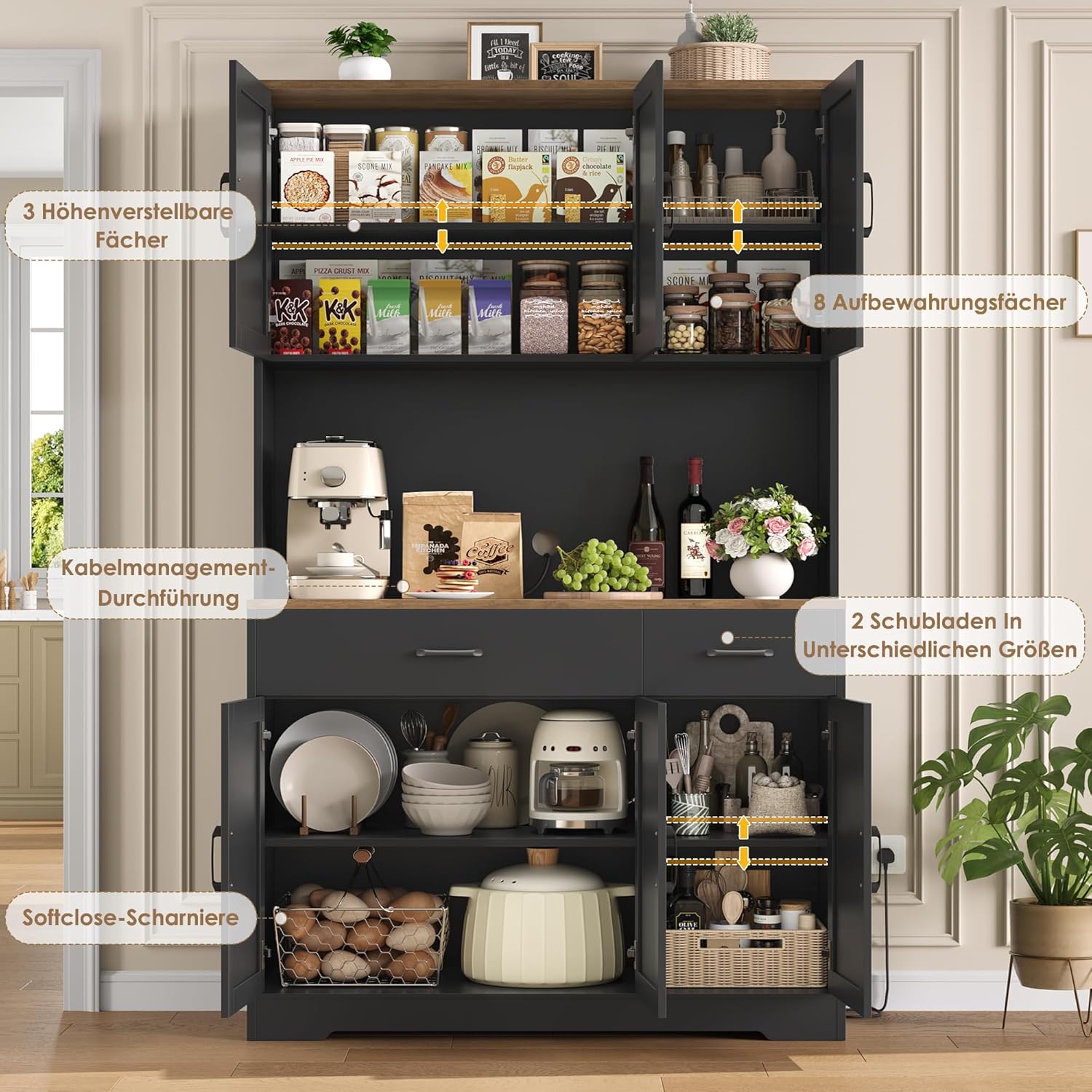HOCSOK Credenza Cucina 105x180 cm (BxH), Alta Dispensa Cucina con Presa Elettrica, Ripiani Regolabili, Microonde con Ripiani Aperti, mobile soggiorno, Nero