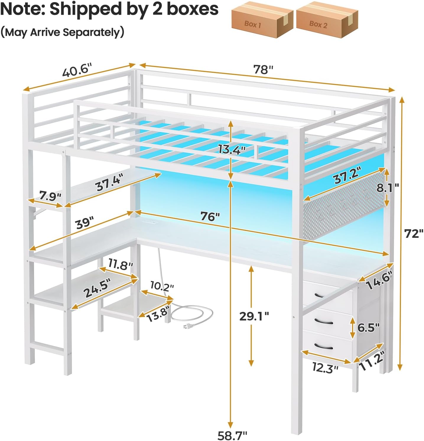 ADORNEVE Loft Bed Twin Size with L-Shaped Desk, LED Lights,Charging Station,Twin Metal Loft Bed with Desk, Fabric Drawers & Shelves, 13.4