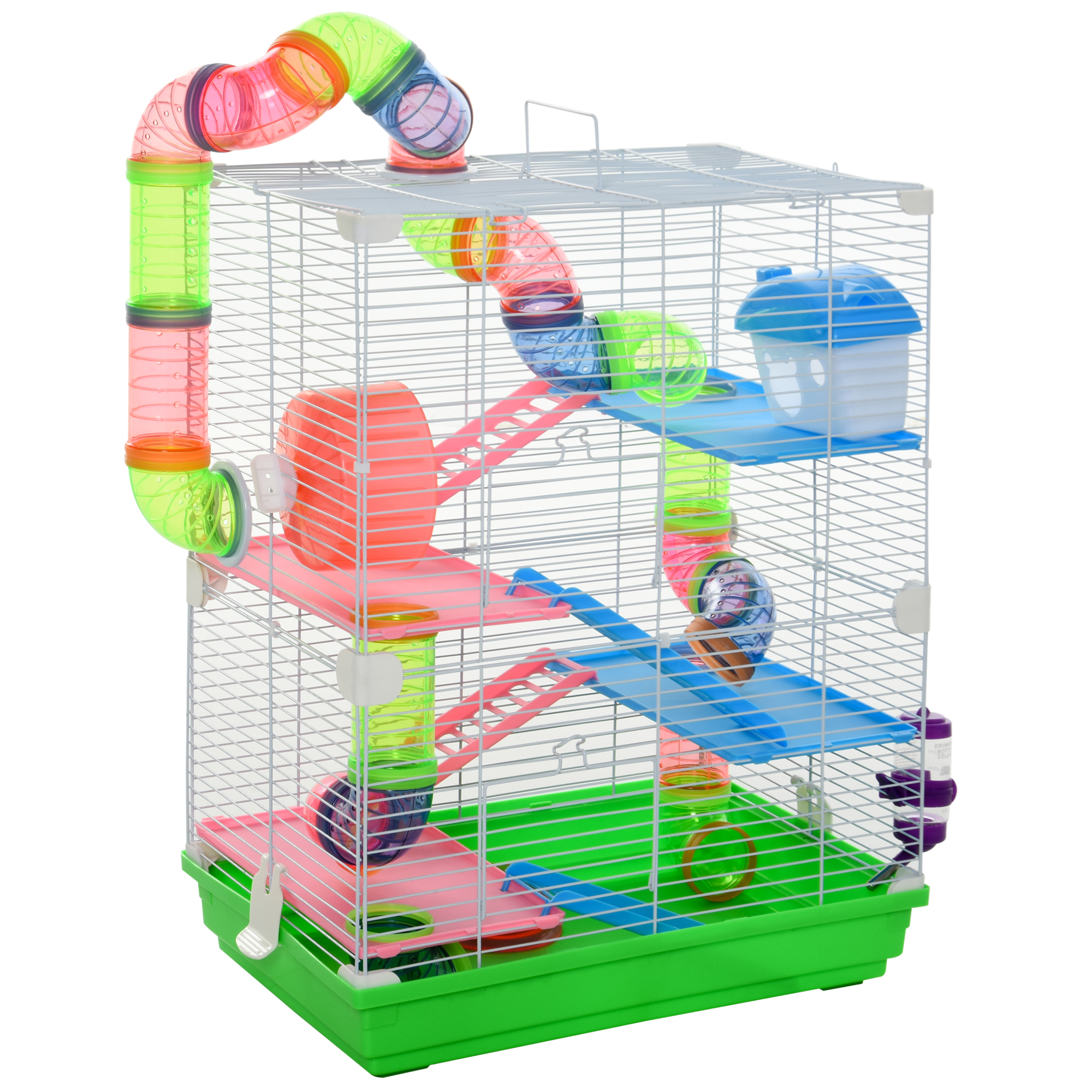 PawHut Kleintierkäfig mit Zubehör Nagerkäfig Mäusekäfig Hamster Rohrsystem, Metall, Grün+ Weiß, 46 x 30 x 58 cm