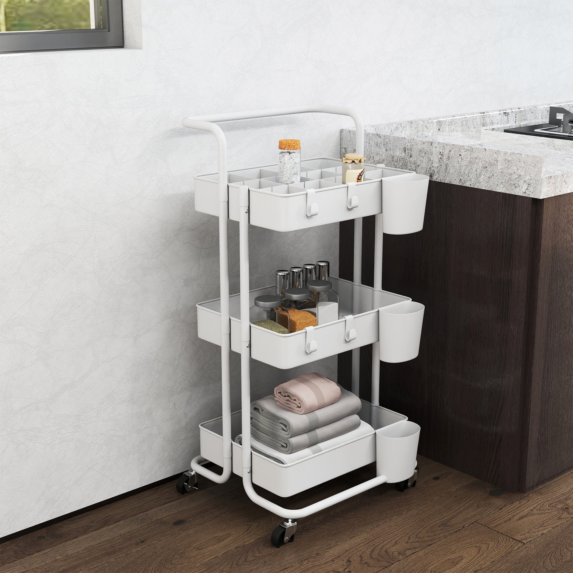 HOMCOM Rollwagen, Servierwagen, 3 Ablagekörbe, 3 Hängeboxen, 4 Haken, Metallrahmen, 42 x 38 x 86,5cm, Weiß