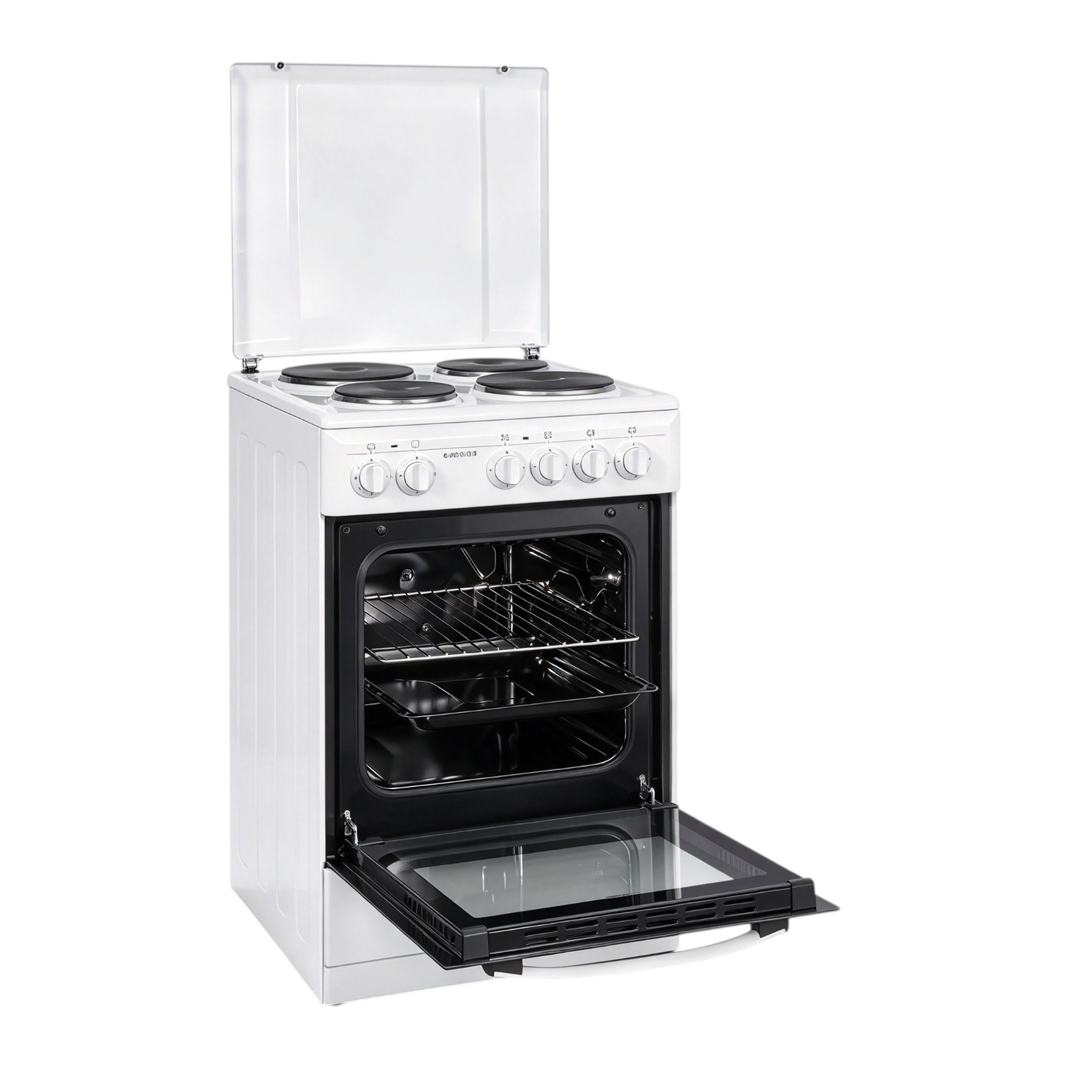Freistehender Elektroherd EH9-3-090weiss, 50 cm breit, 48 l Backofen mit 4 Kochplatten und Energieklasse A, inkl. Grillrost und Backblech