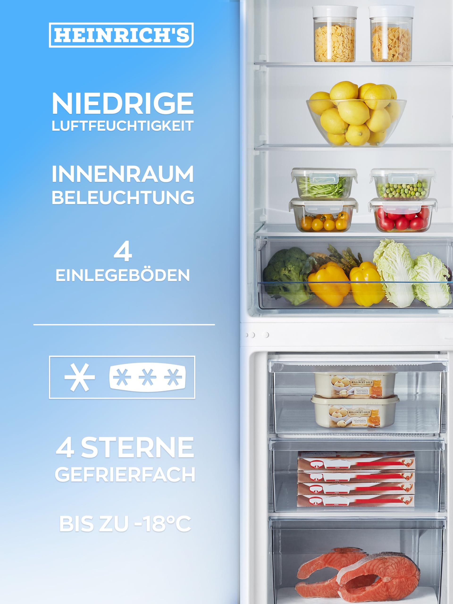 Kühlgefrierkombination 269 Liter 197 Liter Kühlvolumen 71 Liter Gefriervolumen Energieeffizienzklasse E 39 dB LED-Beleuchtung 180 x 55 x 55,8 cm