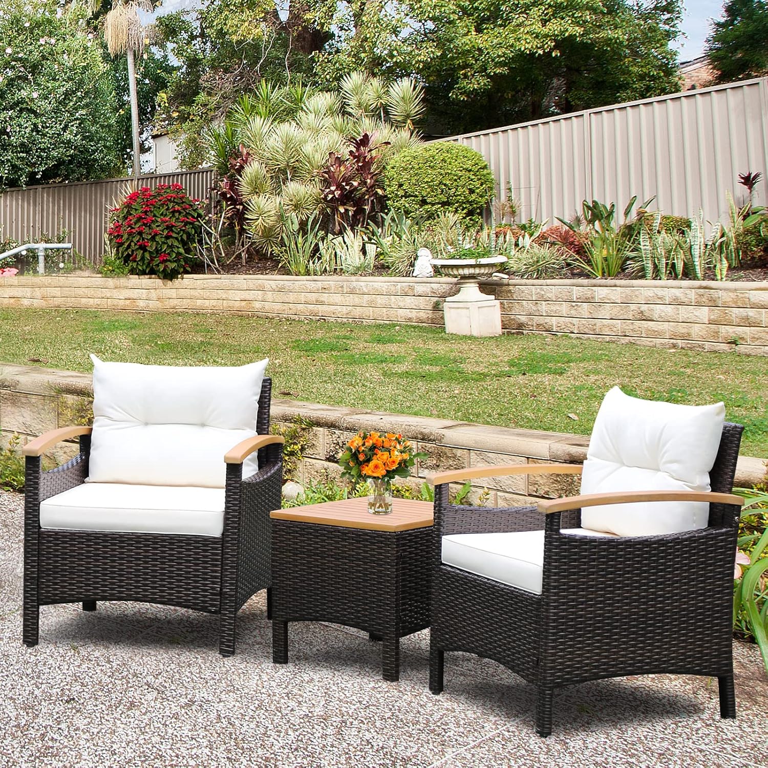 GIANTEX 3 Piece Furniture Set, Outdoor Rattan Bistro Set with Coffee Table, Soft Cushions, Acacia Wood Conversation Set for Patio, Backyard, Poolside, Off White