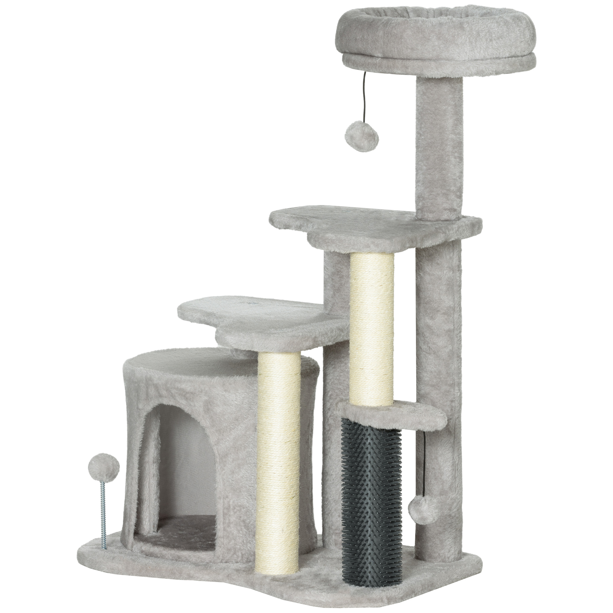 PawHut Katzen-Spielzentrum mit Kratzbaum, Bett, Spielbällen, Plüsch, 60 x 39 x 87 cm, Hellgrau/Creme