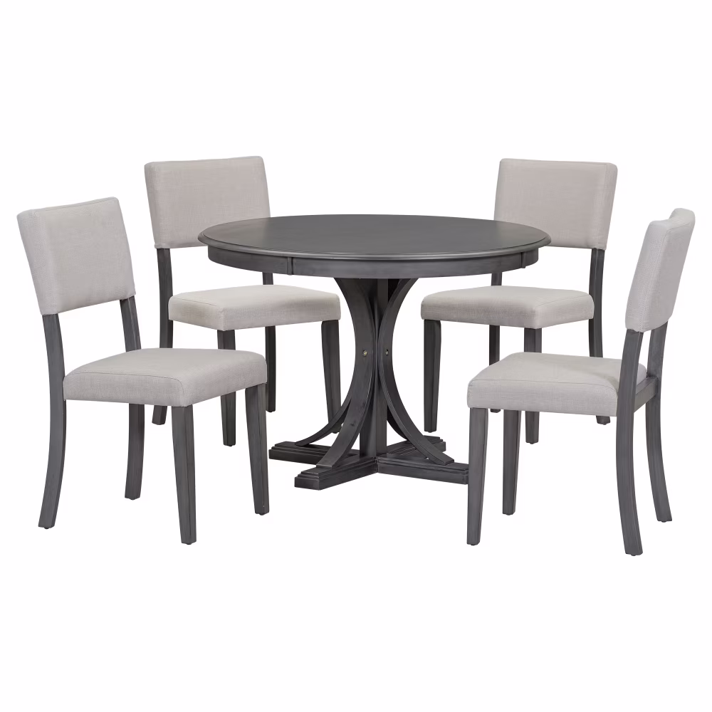 5 Piece Retro Round Dining Table Set with 4 Upholstered Chairs, Wood Dining Table with Curved Trestle Style Legs