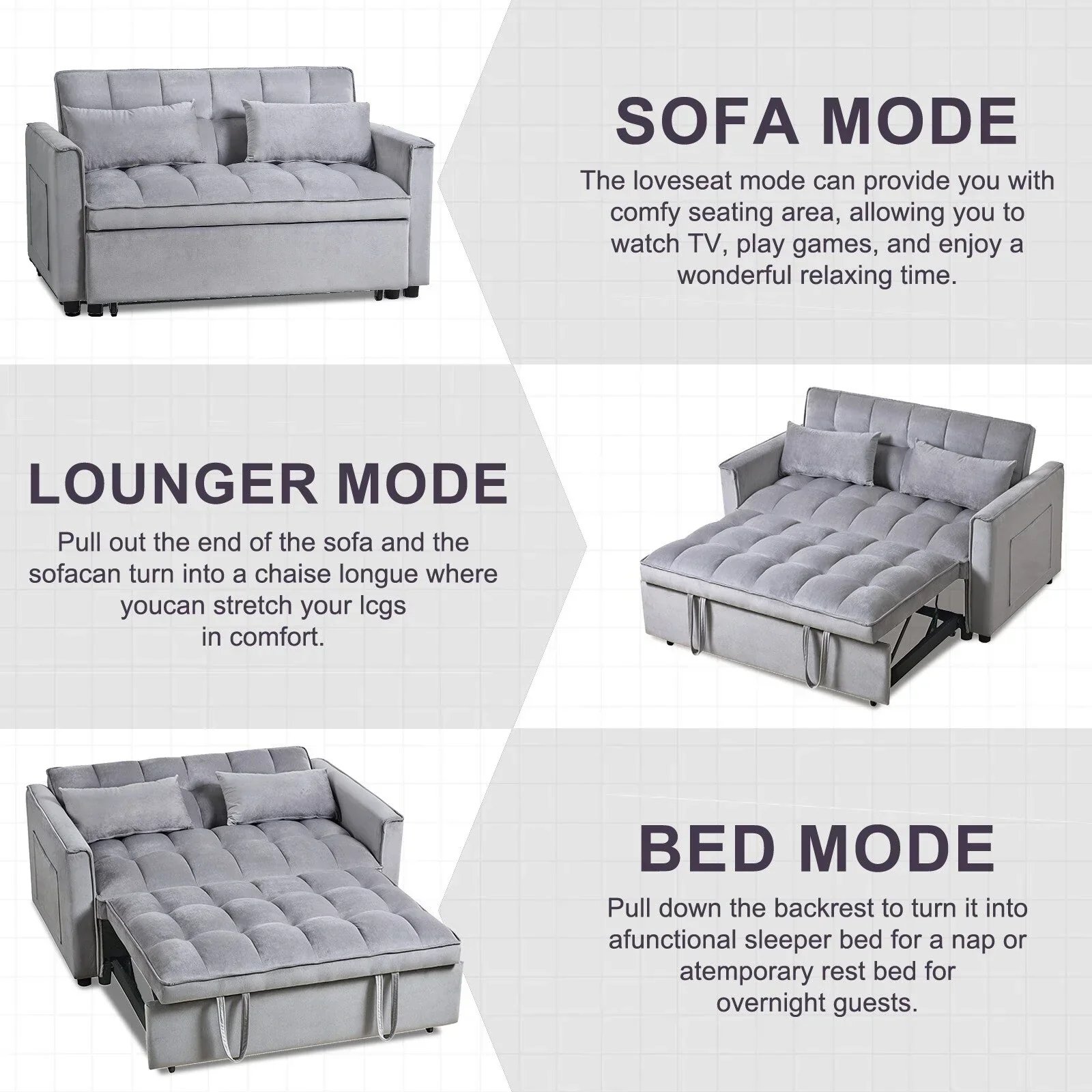 Modern Pull-Out Couch Bed, 3-in-1 Sleeper Sofa with Adjustable Backrest, Velvet Loveseat, Pillows & Side Pockets