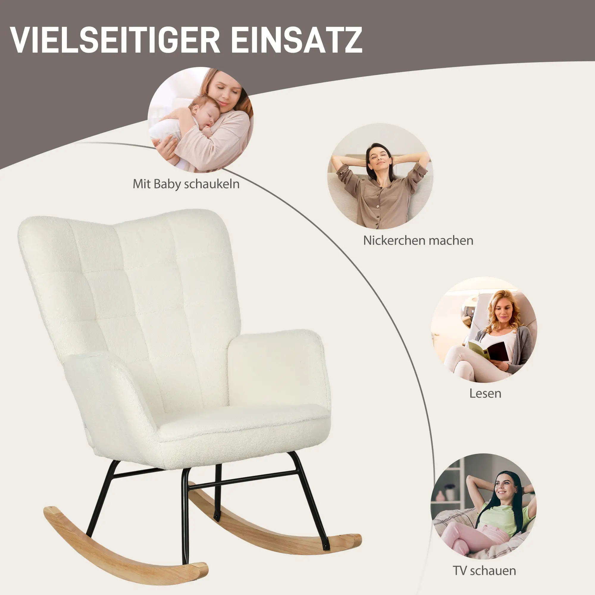 HOMCOM Schaukelstuhl Berbervliesoptik Holzkufen Weiß Entspannung
