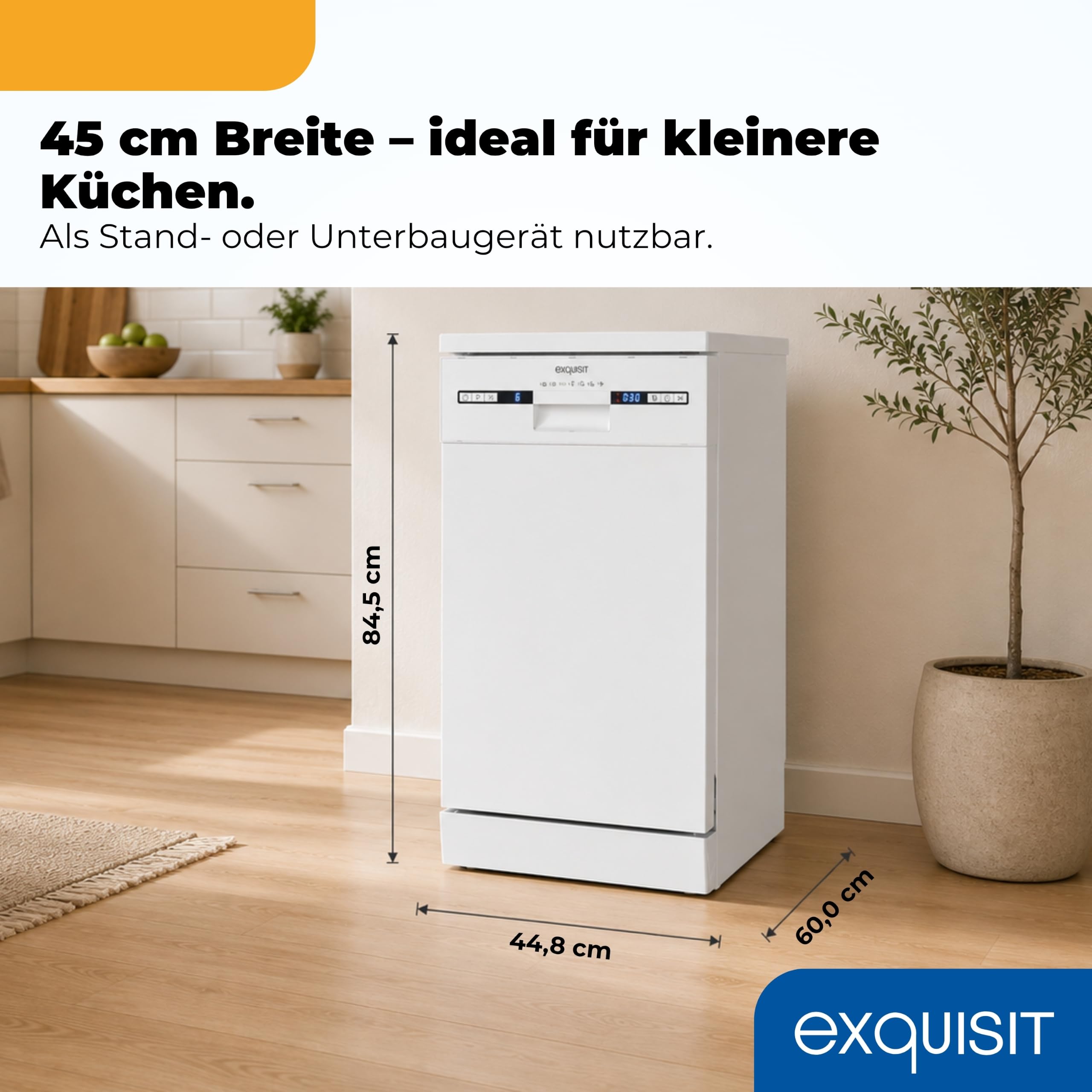 Freistehende Spülmaschine 45 cm für 9 Maßgedecke, 7 Programme bis 65 °C mit ECO-Modus und 49 dB(A), weiß