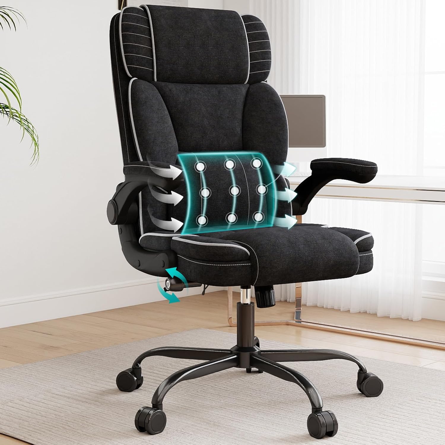 Big and Tall Office Chair with Adjustable Lumbar Support,Breathable Fabric High Back Desk Computer Chair with Adjustable Flip-up Armrests,Ergonomic Swivel PC Chair with Rocking Function