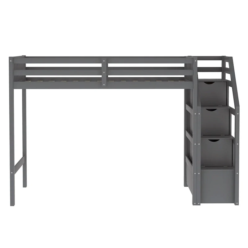 Twin Over Full Wood Loft Bed with Staircase,High Guardrails and Ladder