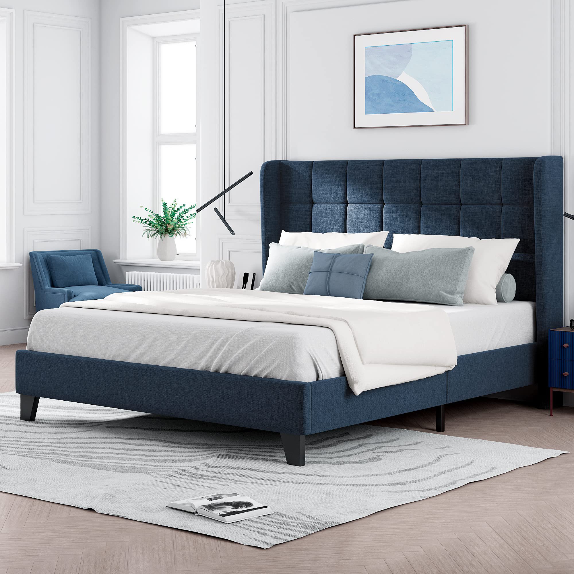 Doppelbett mit gepolstertem Kopfteil und Lattenrost, Bezug in Leinenoptik, ohne Matratze, 140x200 cm, Blau