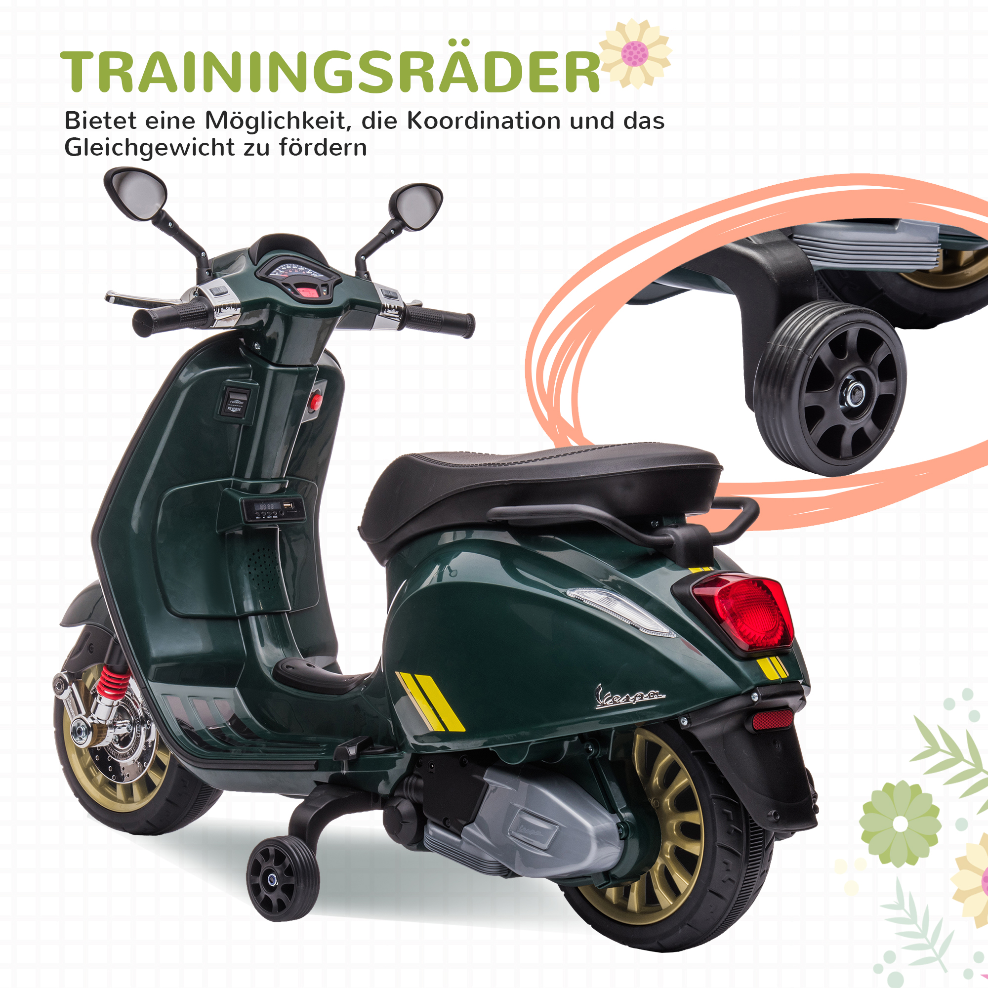 AIYAPLAY Elektrische Kinder Vespa, 3 km/u, 3-6 Jaar, Muziek, Licht & Radio, Donkergroen