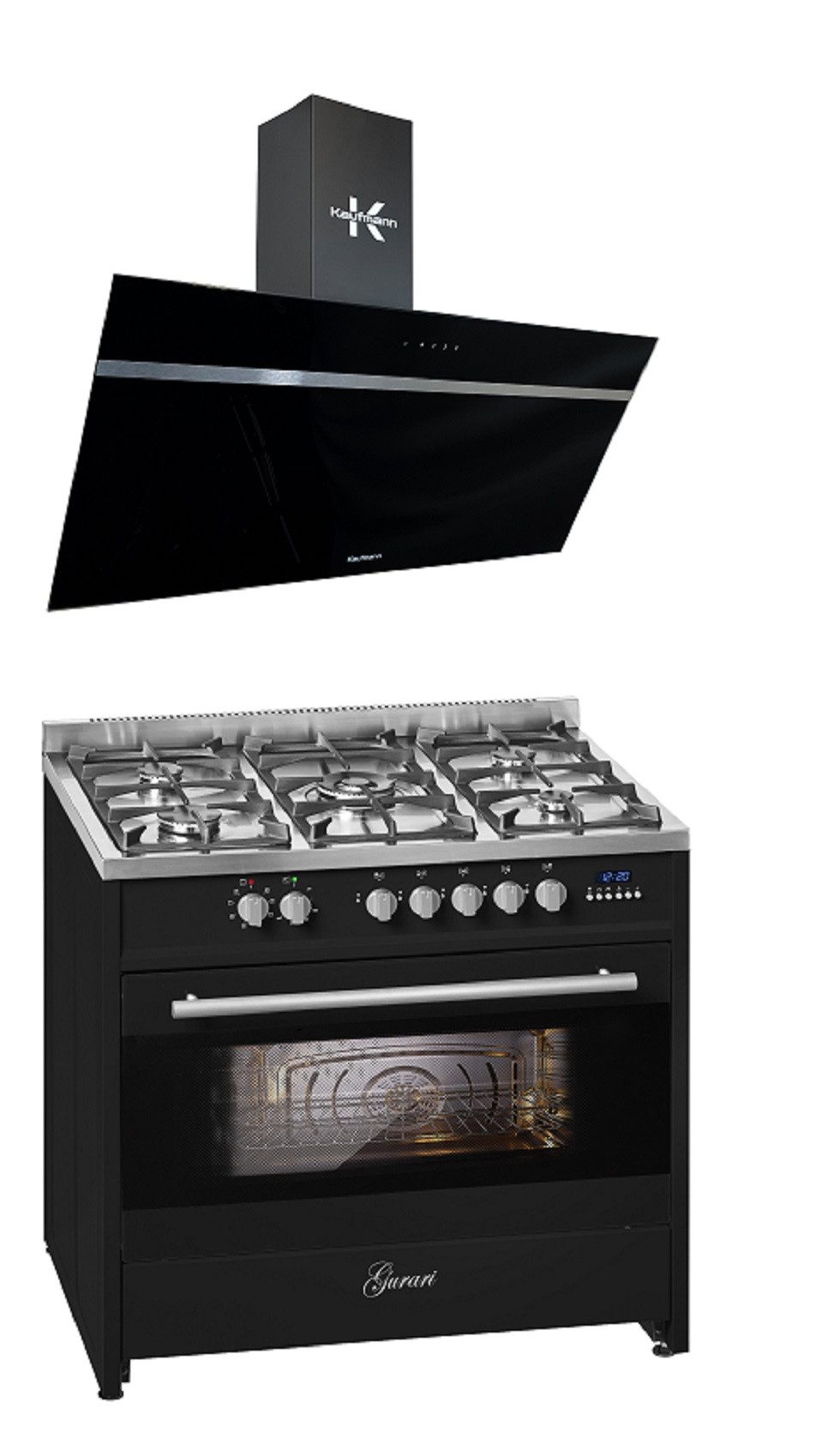 Gas-Standherd Gas Elektro Standherd 90 cm 121 L Erdgas Fl.Gas 4 Kw WOK mit KAUFMANN VIKTORIA 90 BL Kopffrei-Dunstabzugshaube 1000 m³/h, 90 cm GCH E 911 BL+VIKTORIA 90 BL