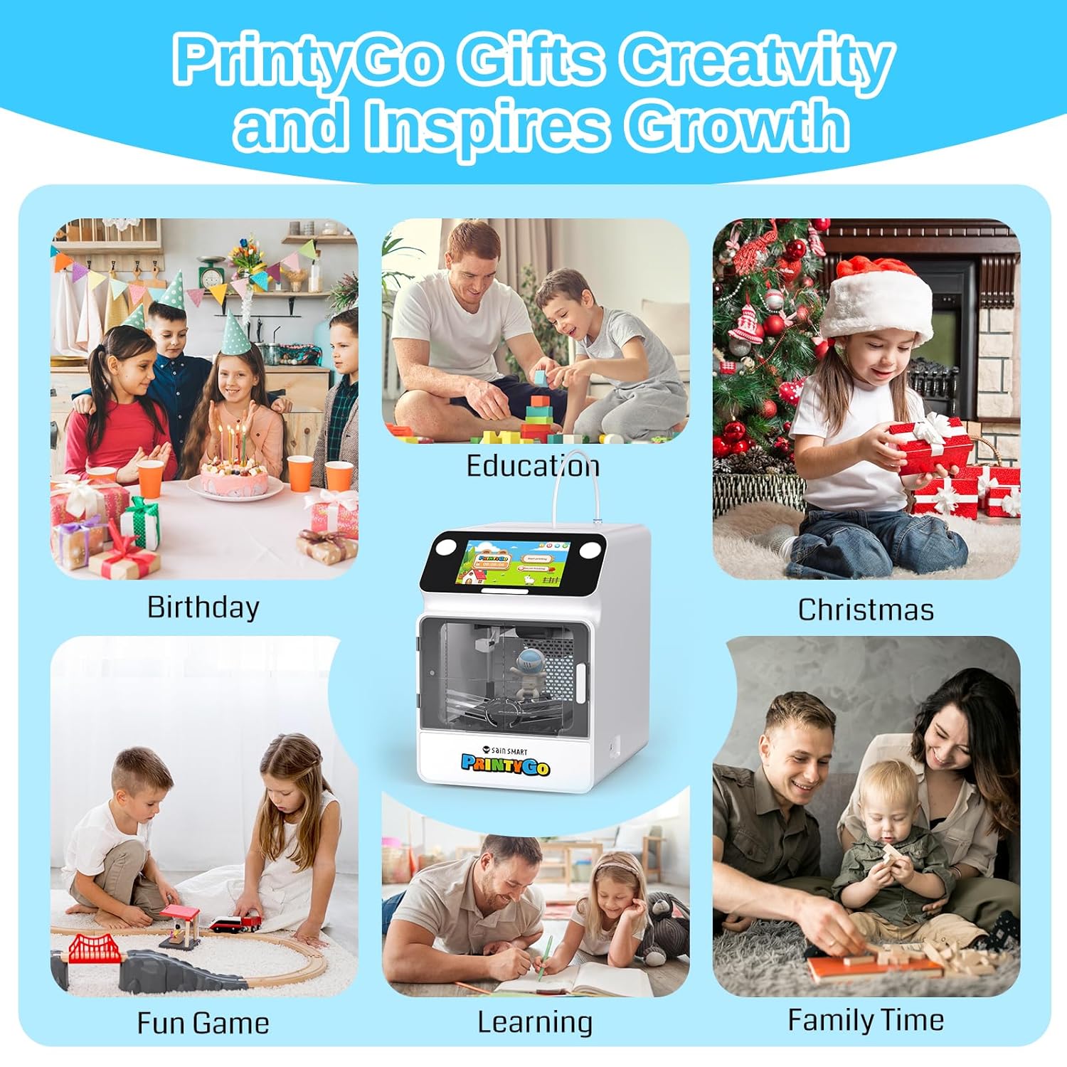 Stampante 3D PrintyGo Mini per bambini, stampante autolivellante da 600 mm/s per principianti con touch screen da 5