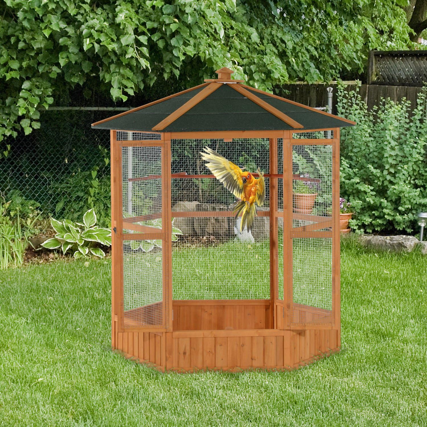 2025 Grande gabbia esagonale in legno per uccelli da voliera all'aperto con tetto coperto