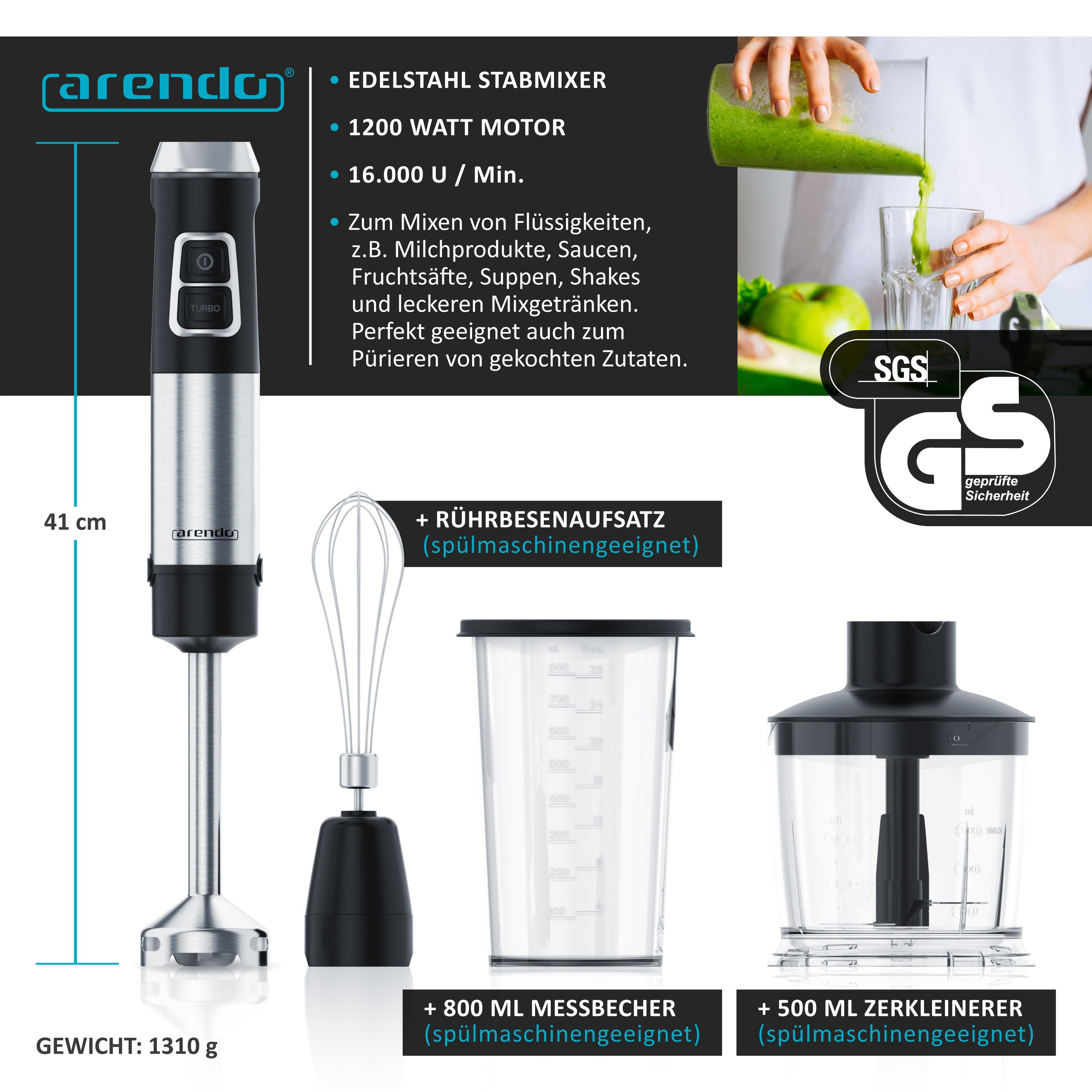 Stabmixer Edelstahl Pürierstab Set mit Zerkleinerer & Messbecher, Handmixer