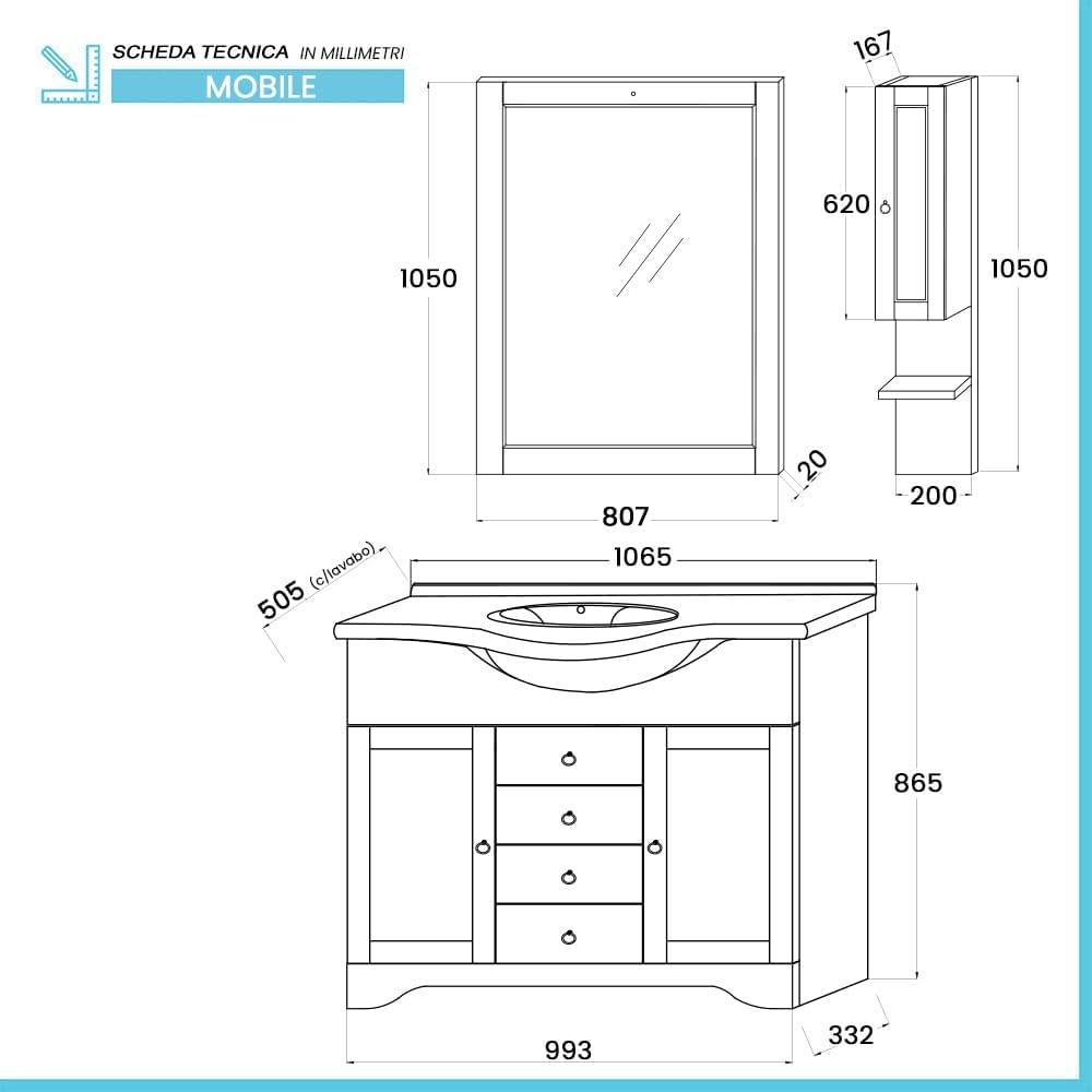 Inbagno Mobile bagno a terra 105 cm bianco decape con 2 ante e 3 cassetti, lavabo in ceramica lucida, specchio 80x105 con cornice, pensile a lato DX e lampada, ROMANTICA
