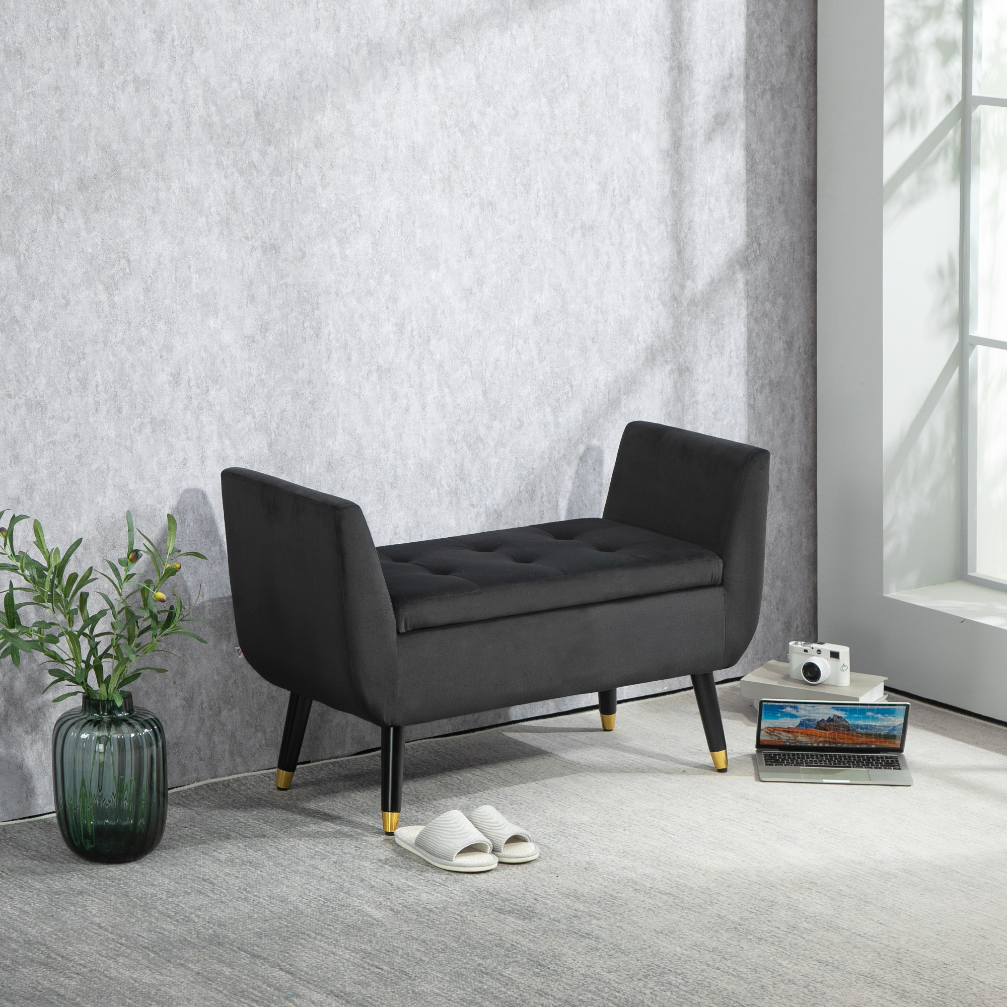HOMCOM Sitzbank mit Stauraum und Armlehnen, Truhenbank, samtartiges Polyester, Kautschukholz, Dunkelgrau, 107 x 42 x 65 cm
