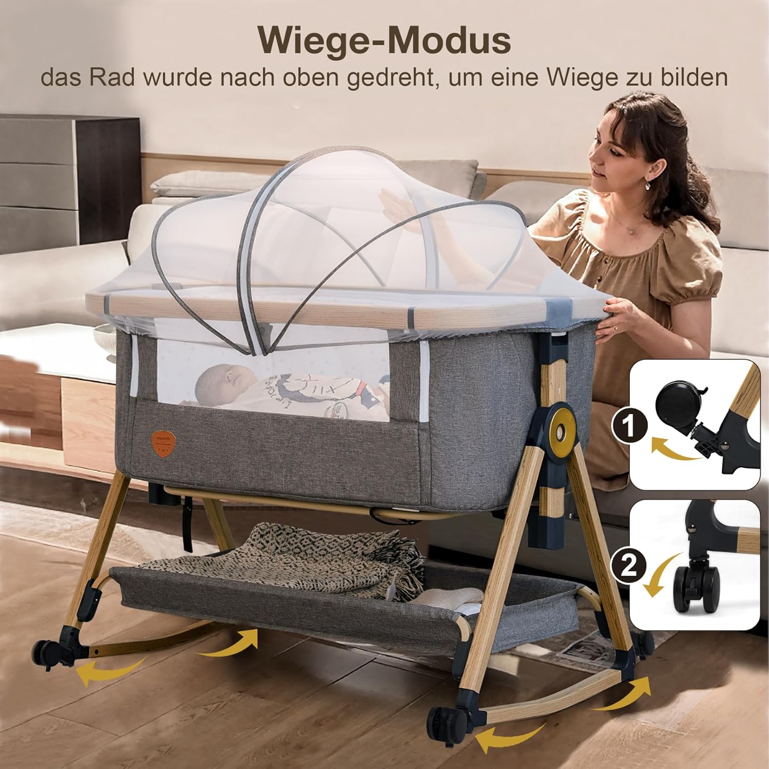 Maydolly Beistellbett 3 in1 Babybetten Tragbar Babybett mit atmungsaktivem Netz und Laken, Verstellbarer Stubenwagen Beistellbett Grau