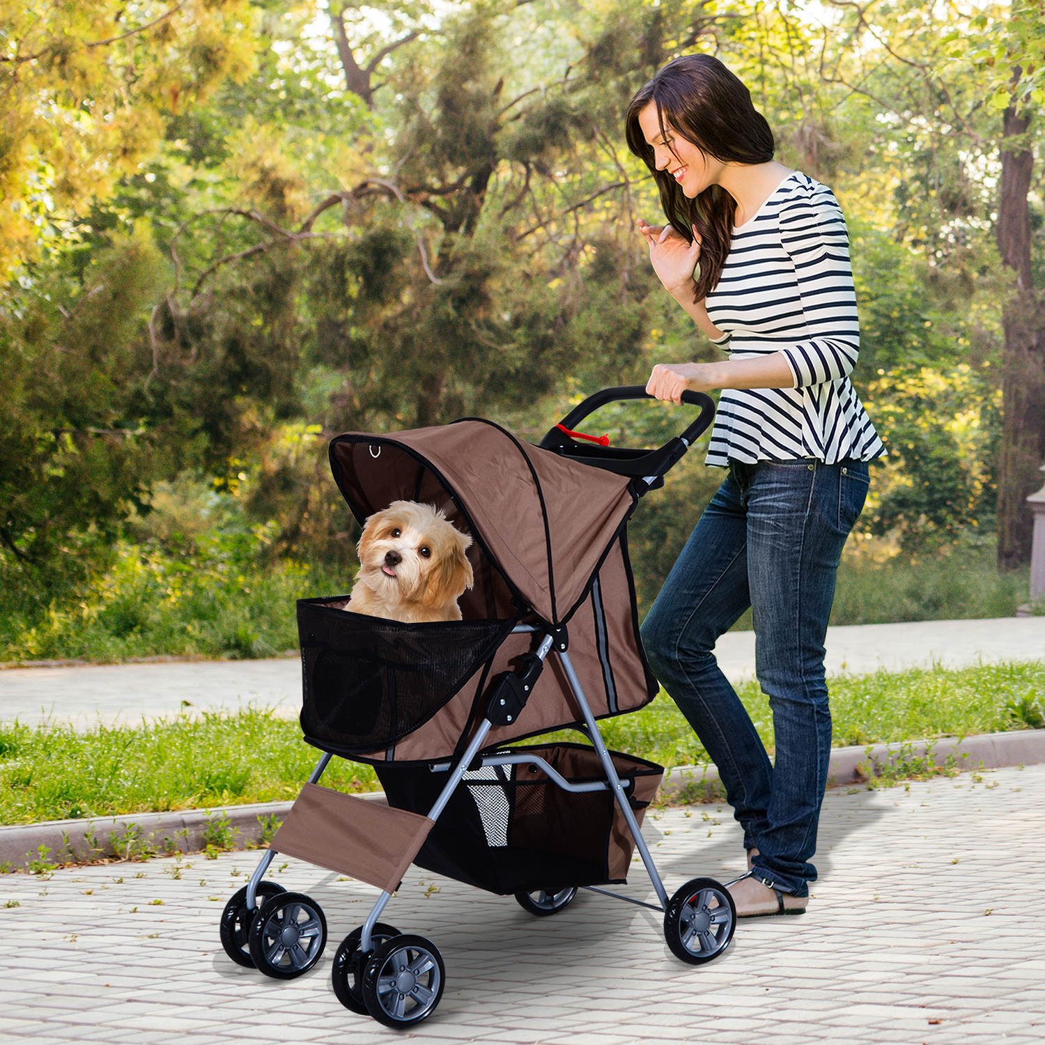 PawHut Hundebuggy Hundewagen bis 10 kg Klappbar Bodenkorb 2 Becherhalter Sonnendach Kaffeebraun