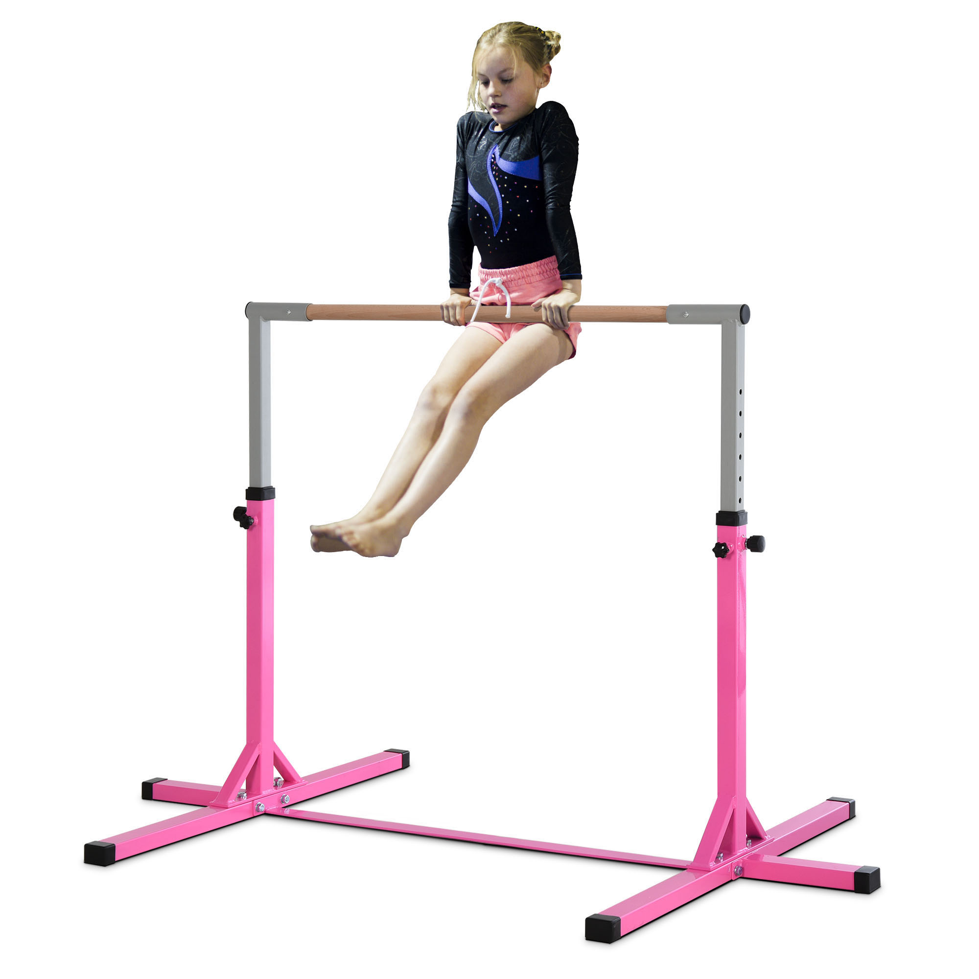 HOMCOM Gymnastik-Turnreck, 13-stufig höhenverstellbar Reckstange, Reck Turnstange aus Holz & stabile Stahlkonstruktion bis 75 kg belastbar, für 3+ Kinder, Indoor, Outdoor, Rosa