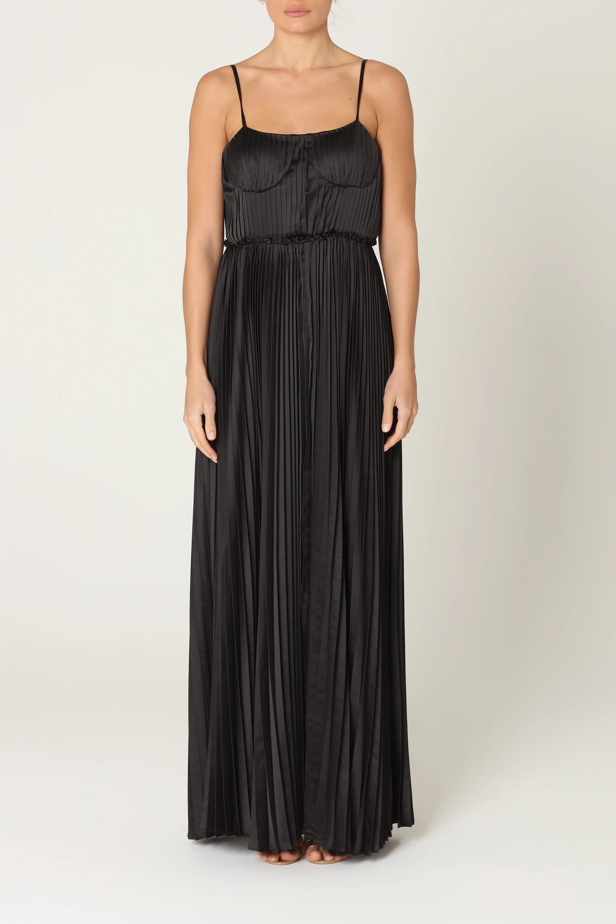 Black Satin Pleated Maxi Dress