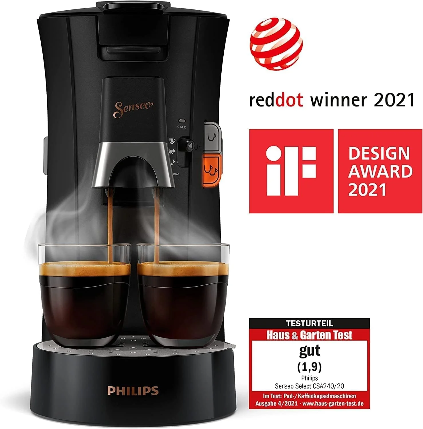 Philips Senseo Select CSA240/20 Koffiepadapparaat (koffiesterktekeuze Plus, memo-functie, van gerecycled plastic), Zwart Eco