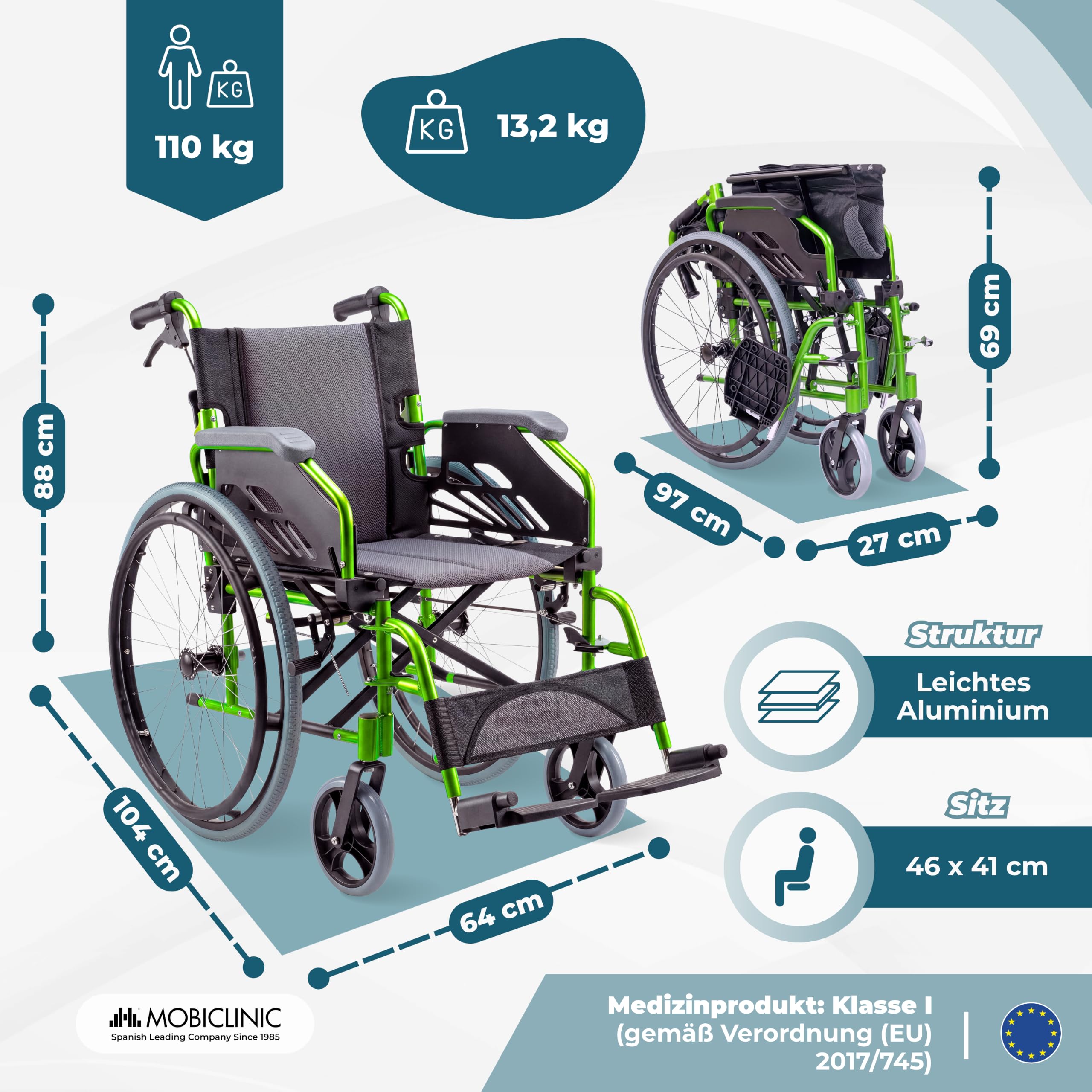 Faltbarer Rollstuhl aus Aluminium, selbstfahrend, mit klappbarer Rückenlehne und Armlehnen, abnehmbaren Fußstützen und doppeltem Bremssystem, bis 110