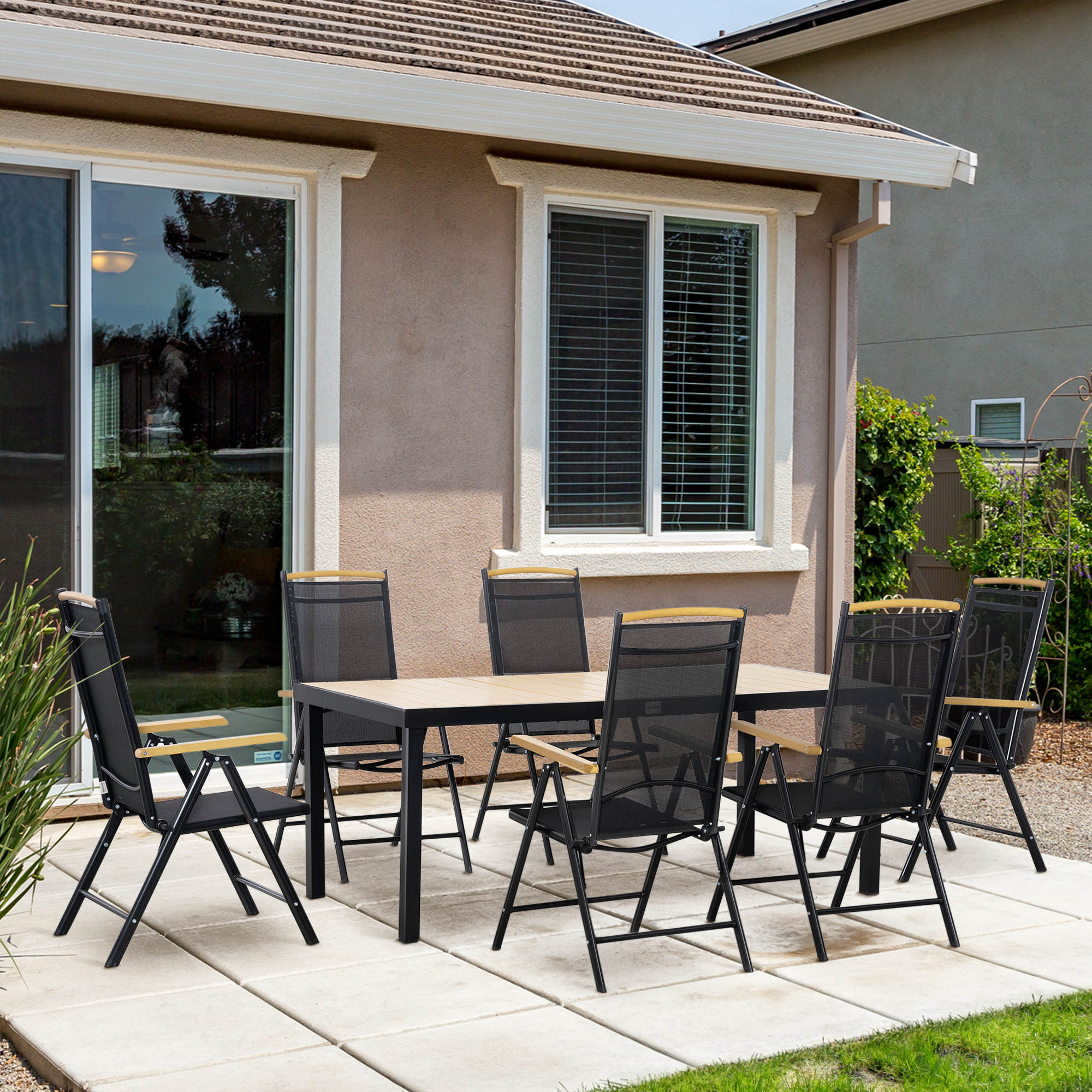 Outsunny Outdoor Gartenmöbelset 6 Personen, Aluminiumrahmen, 190 cm Tisch, 6 klappbare und verstellbare Stühle, Schwarz