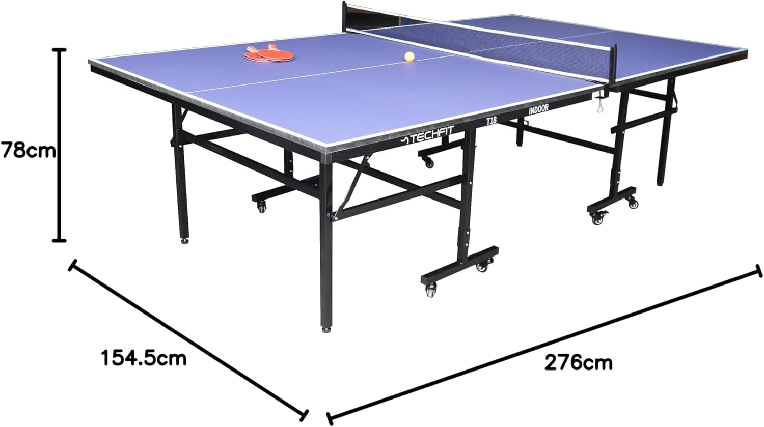 TechFit Tavolo da Ping Pong Professionale per Interni - Pieghevole da Interno con Inclinazione Unilaterale, Struttura Metallica Nera, Rete da 180 cm, Roti Silconate con Freni, 274x152,5x76 cm