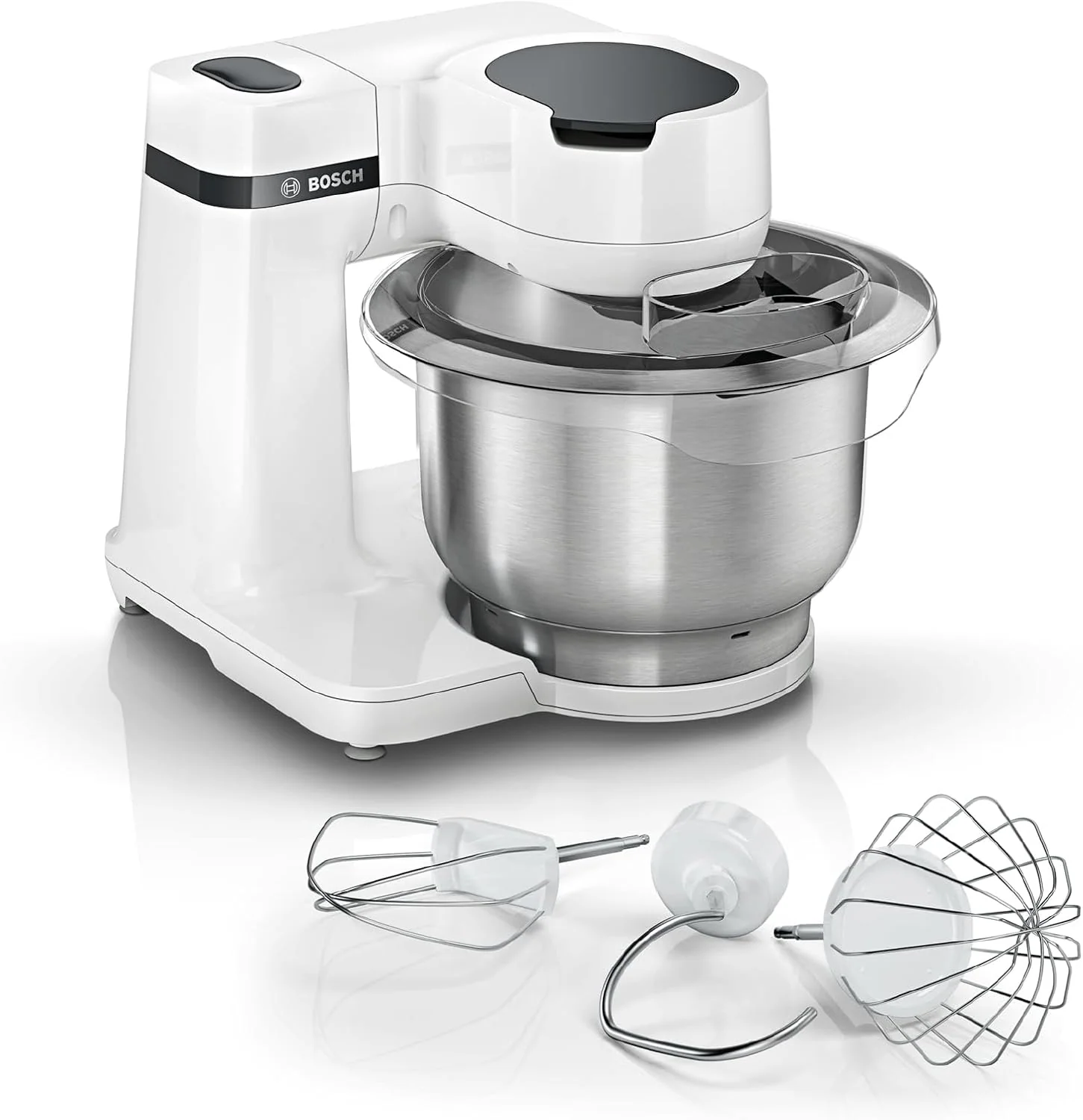 Bosch Küchenmaschine Serie 2, 700W, MUMS2EW00, Edelstahl-Schüssel 3,8 L, kleine Küchenmaschine, Knethaken, Schlag, Rührbesen spülmaschinenfest, weiß