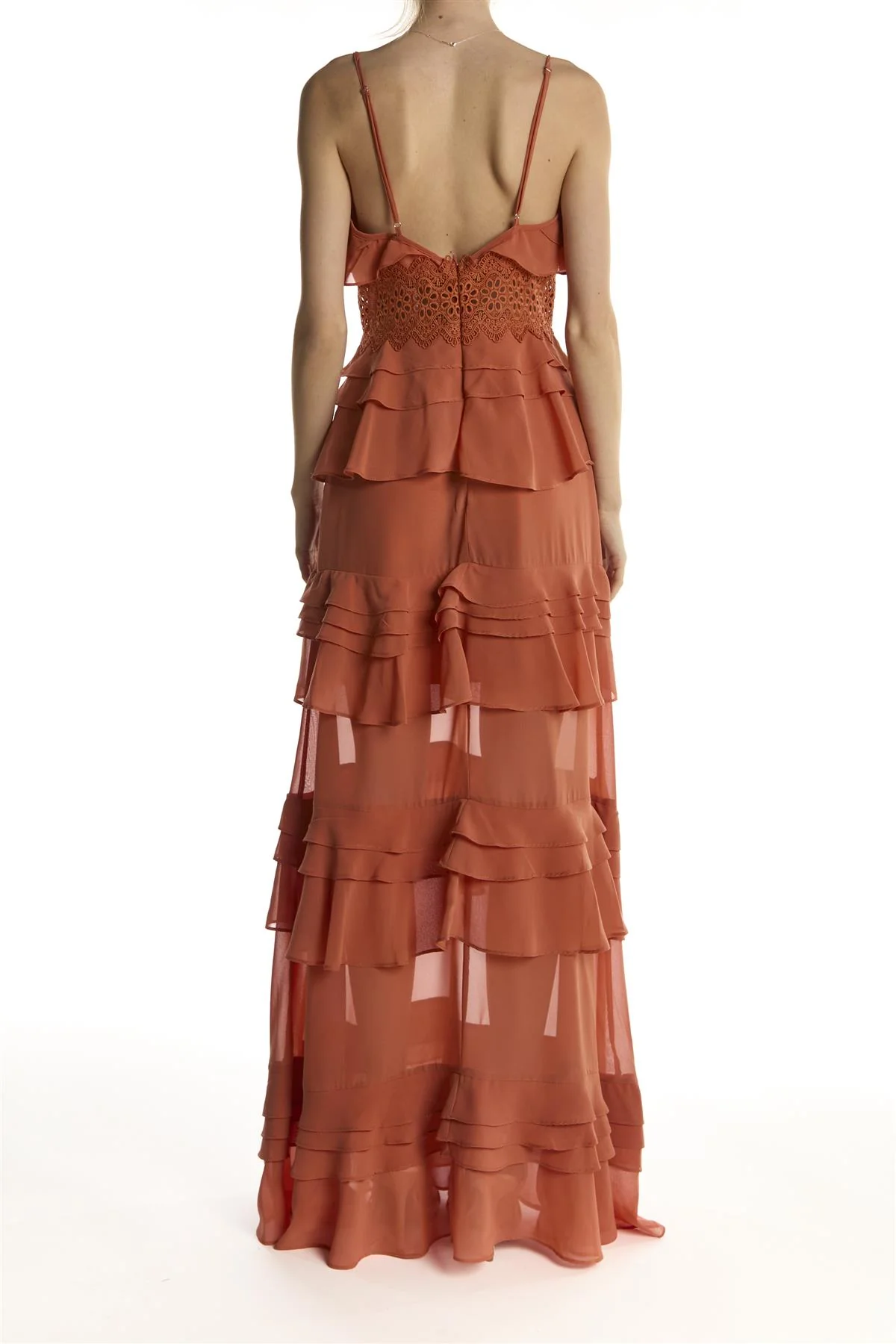 Soft Rust Sophia Plunge Front Tiered Ruffle Maxi-Dress