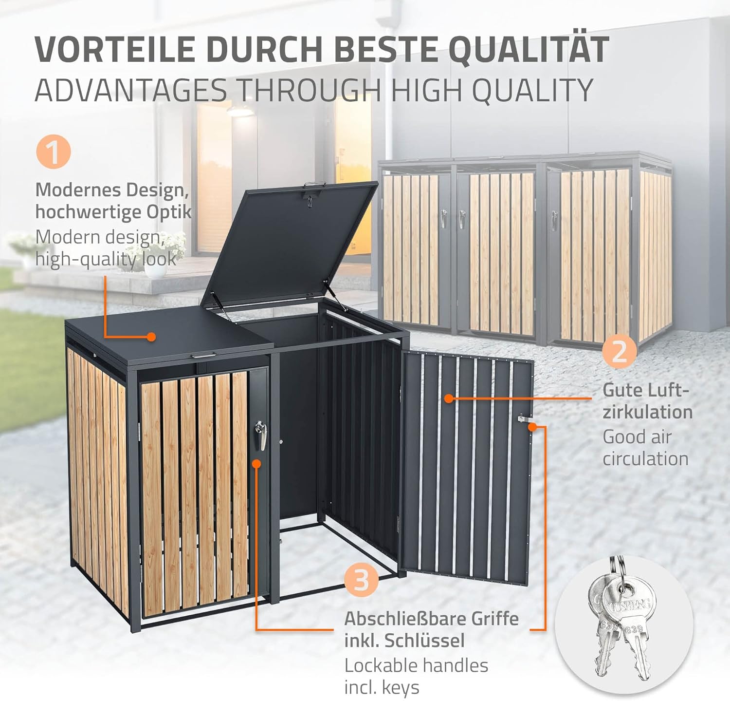 ML-Design Mülltonnenbox 3er 3 Tonnen 240L 200x80x116,3cm Anthrazit-Holzoptik, Stahl wetterfest/abschließbar Mülltonnenverkleidung Klappdeckel/3 Türen, Müllbox Mülltonnecontainer Mülltonnenabdeckung