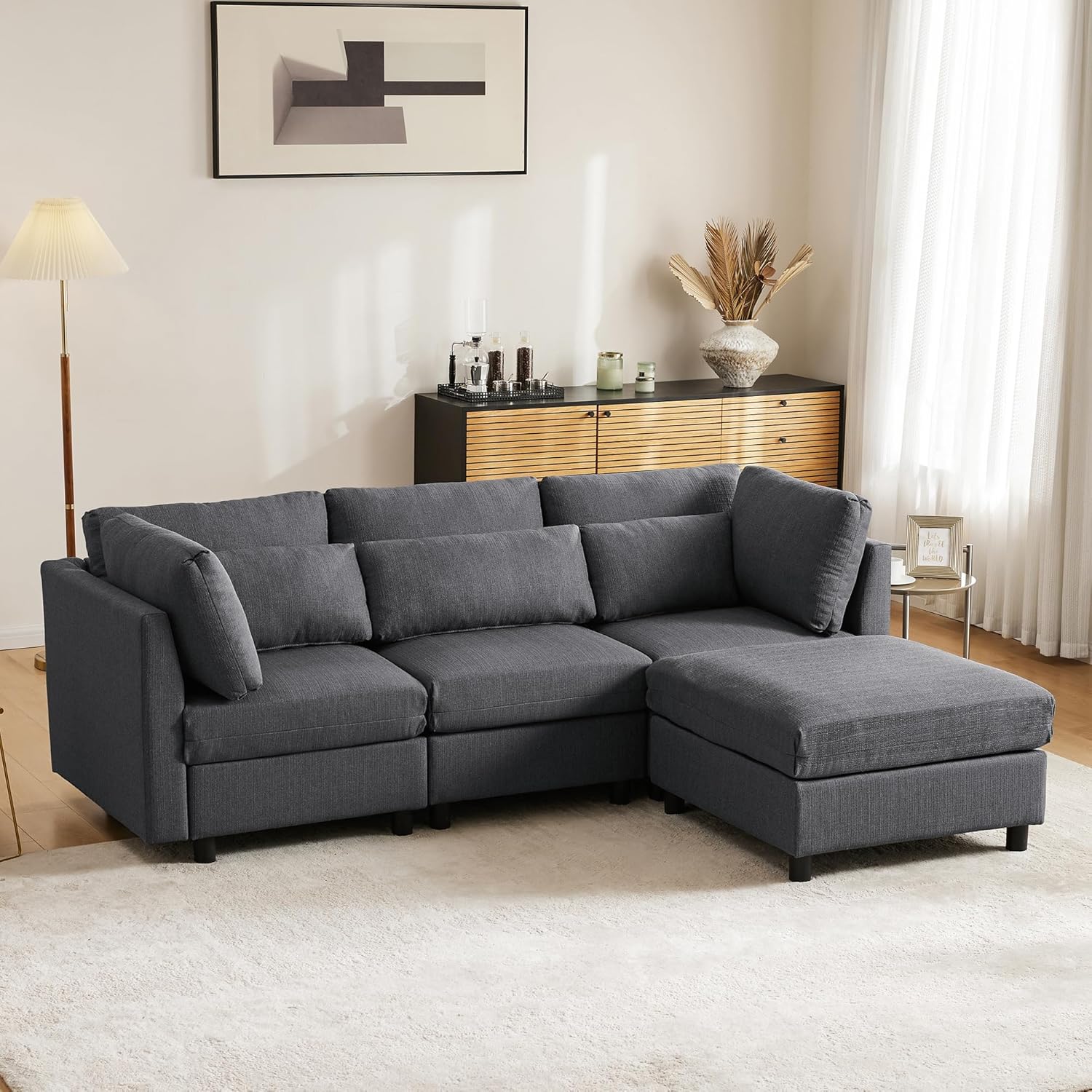 Soweiz Design moderno, divano a tre posti con poggiapiedi, divano ad angolo a forma di L, 220 x 83 x 81 cm (grigio)