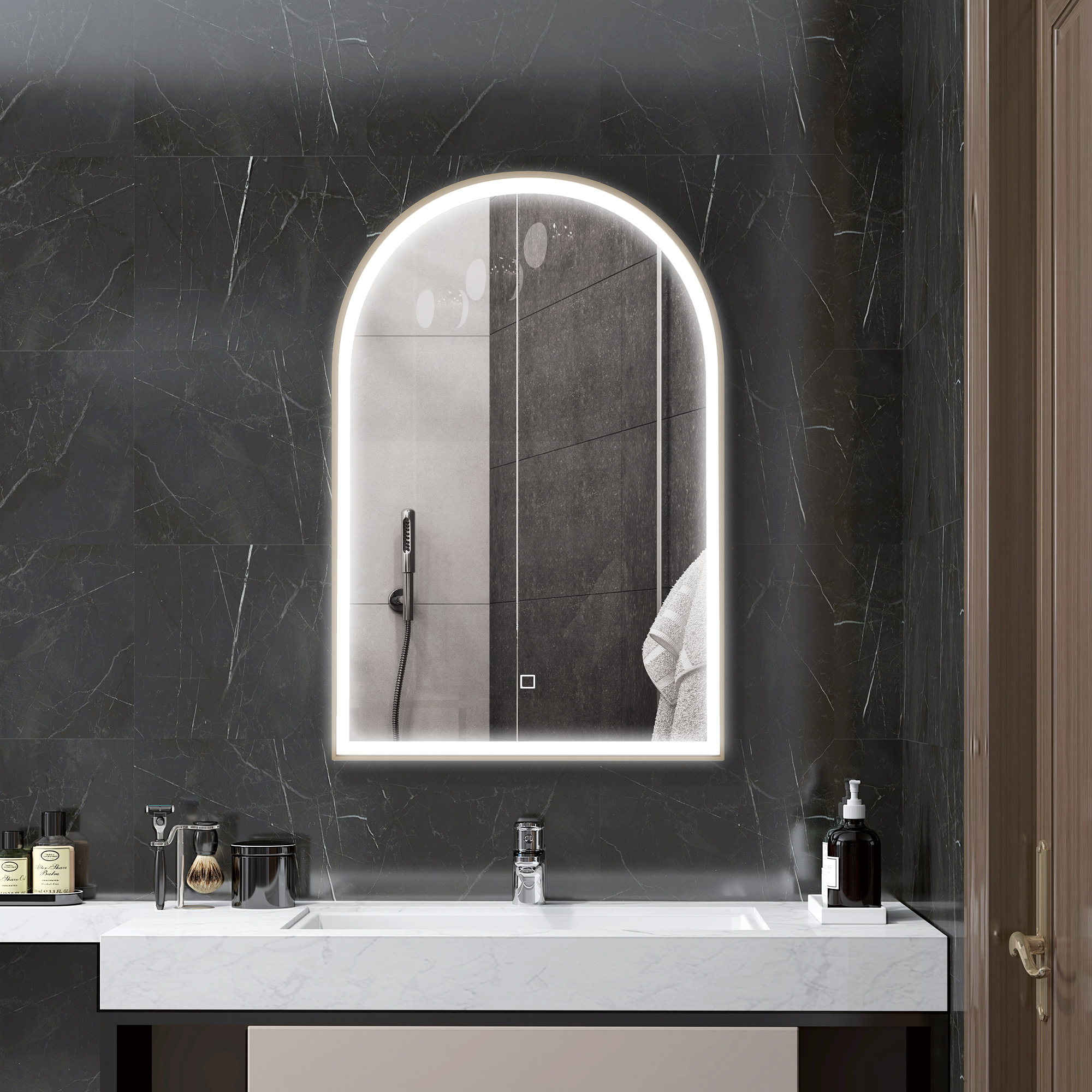 HOMCOM LED-Badezimmerspiegel 90 x 60cm, wandmontiert, 3 Farben, gewölbt, Aluminiumrahmen, Entfeuchtung und Touchschalter
