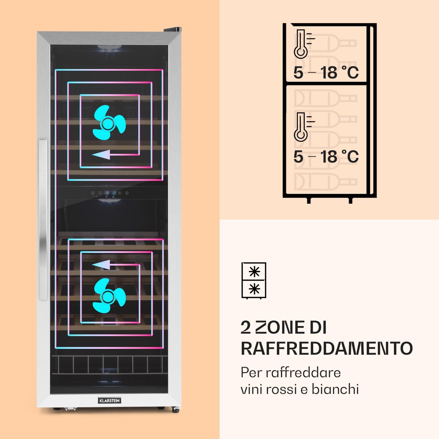 Klarstein Cantinetta Vino, Cantinetta Vino Refrigerata a Zona Doppia per Interno/Esterni, Frigo Bar Cantina Vino con Vetrina, Mini Bar con Protezione UV, Frigo Vino Touch, 5-18°C, 54 Bottiglie