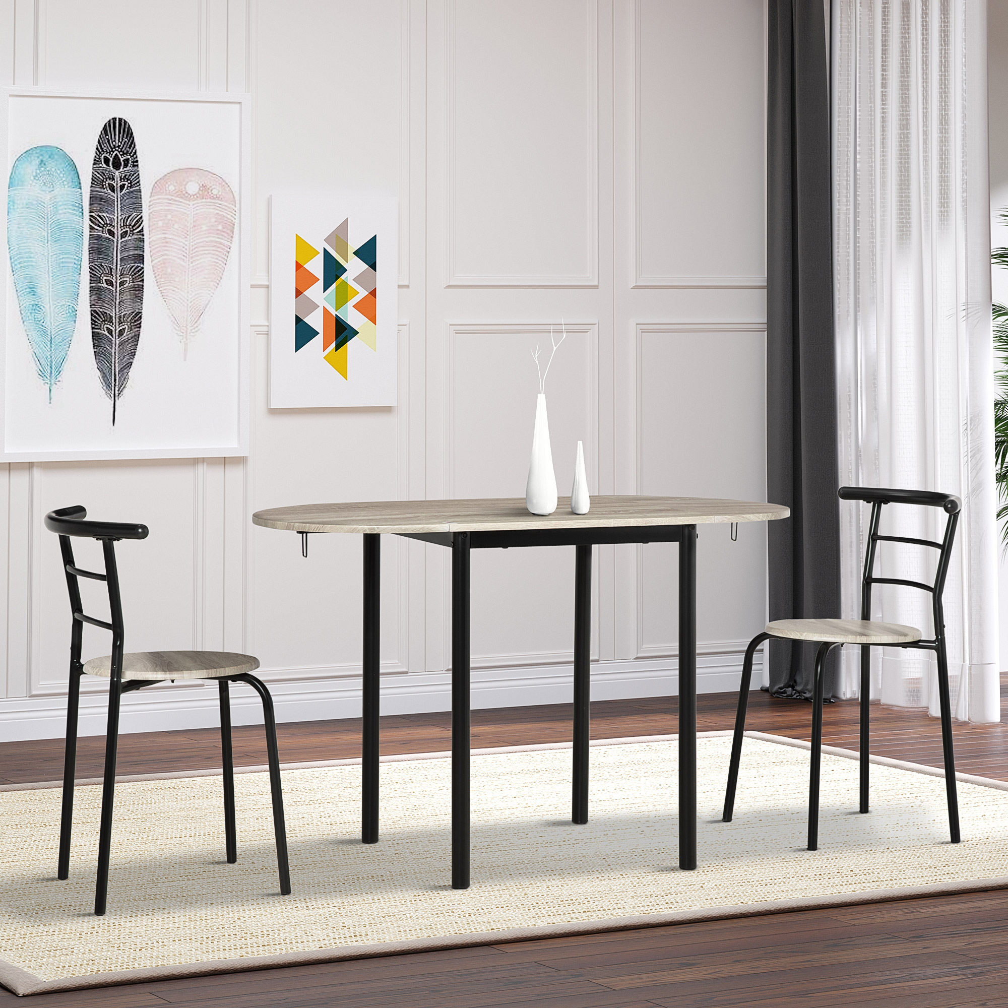HOMCOM 3-teilige Sitzgruppe, ovaler Tisch mit zwei Stühlen 120 x 60 x 75 cm, Schwarz + Natur