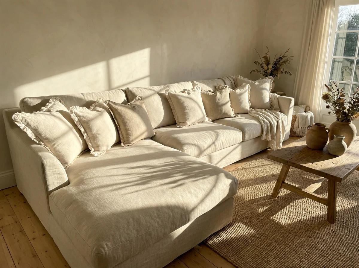 Sand Ruffle Cushion with Feather Pad �C 45 x 45cm | Linen Blend