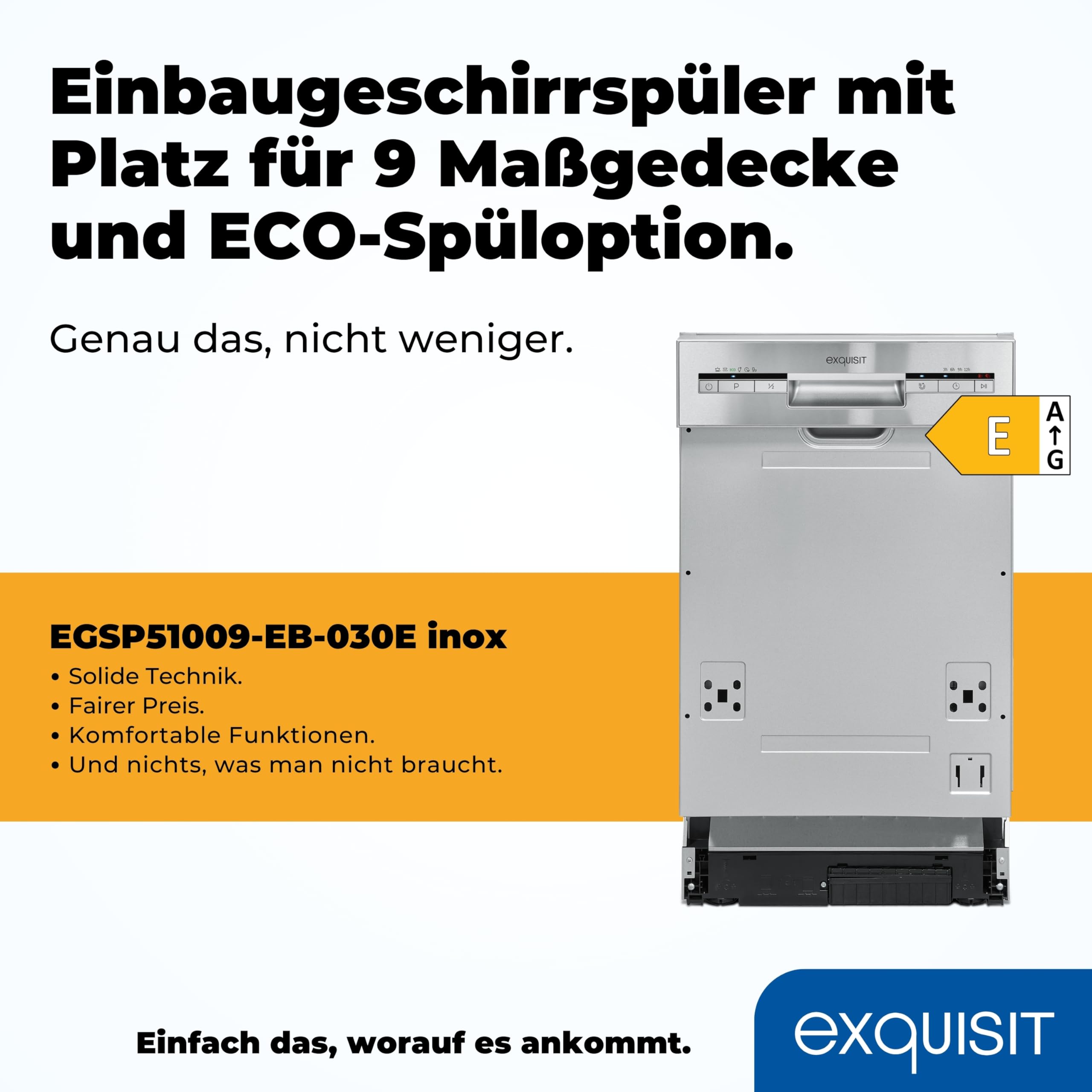 Teilintegrierter Geschirrspüler 45 cm für 9 Maßgedecke mit 6 Programmen und Startzeitvorwahl, Edelstahl