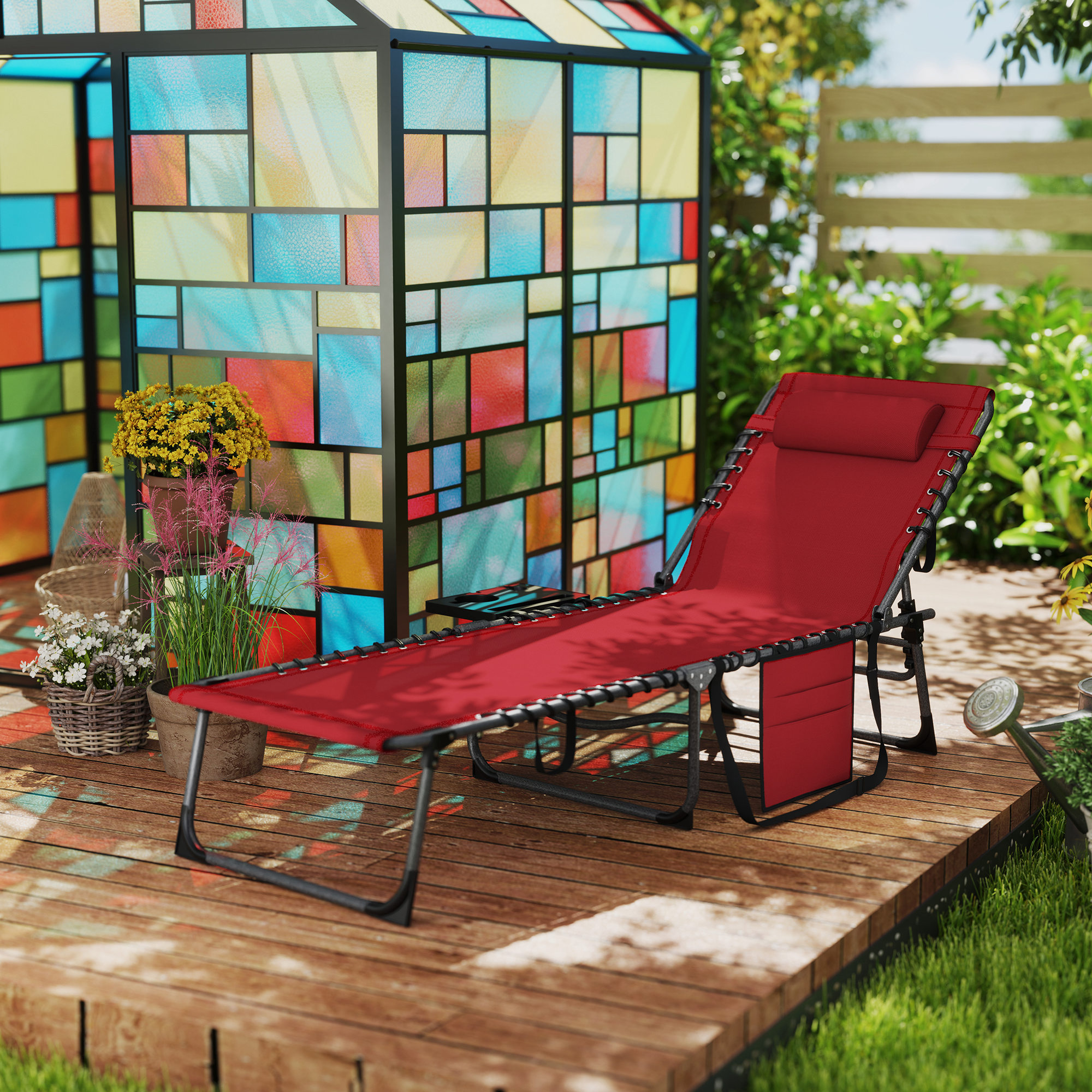 Outsunny Sonnenliege klappbar verstellbare Rückenlehne auf 5 Ebenen, Tablett, Kopfkissen, Seitentasche 60x190x31cm, Rot