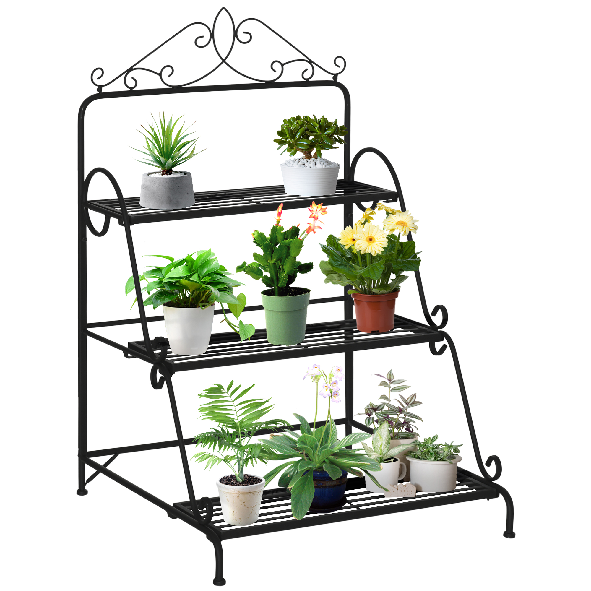Outsunny Blumentreppe aus Metall 3 Stufen Pflanzenständer Pflanzentreppe Leiterregal Blumenständer innen draußen Schwarz 60,5 x 59,5 x 95,5 cm