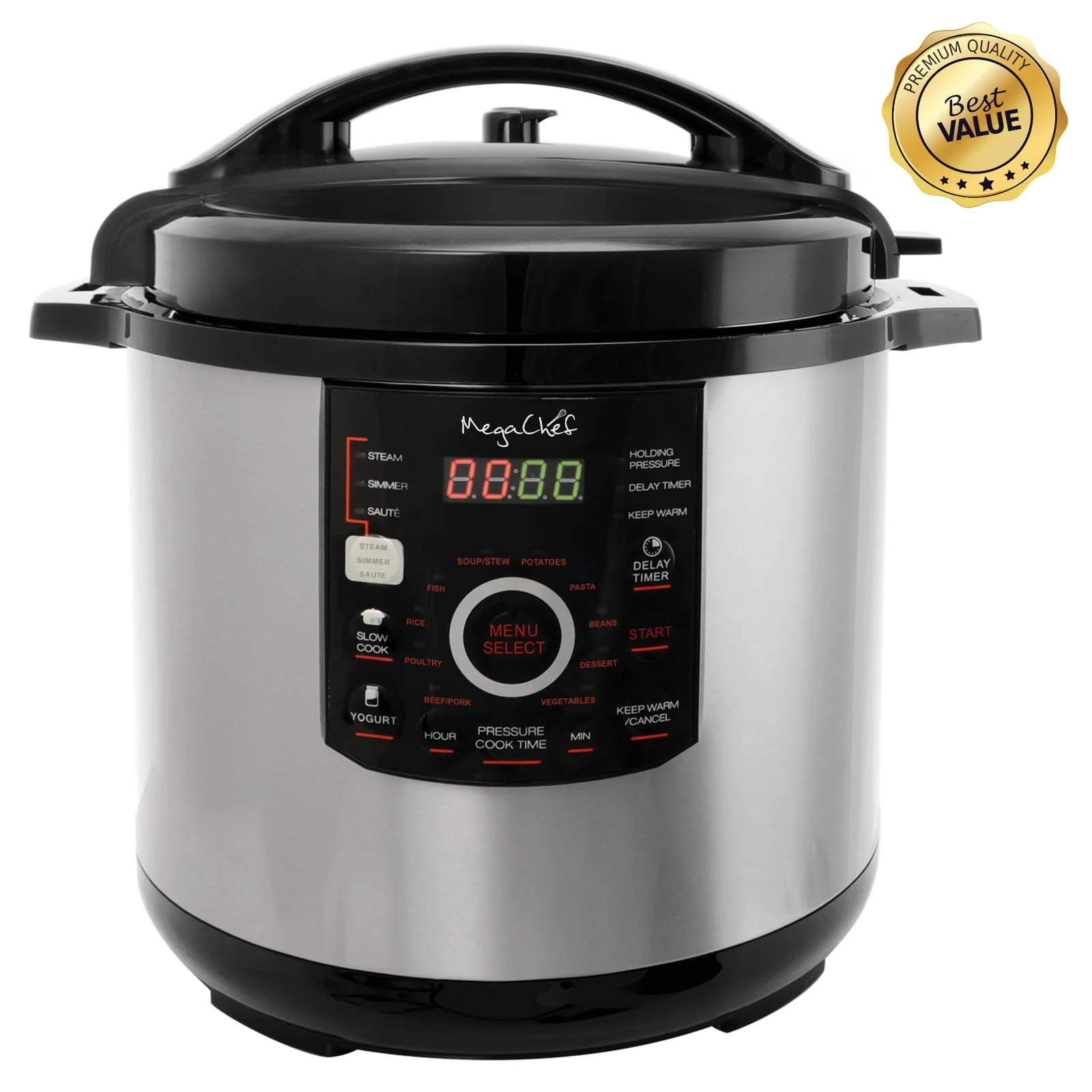 Megachef 12Qt Steel Pressure Cooker with 15 Presets, Non stick Pot & Glass Lid