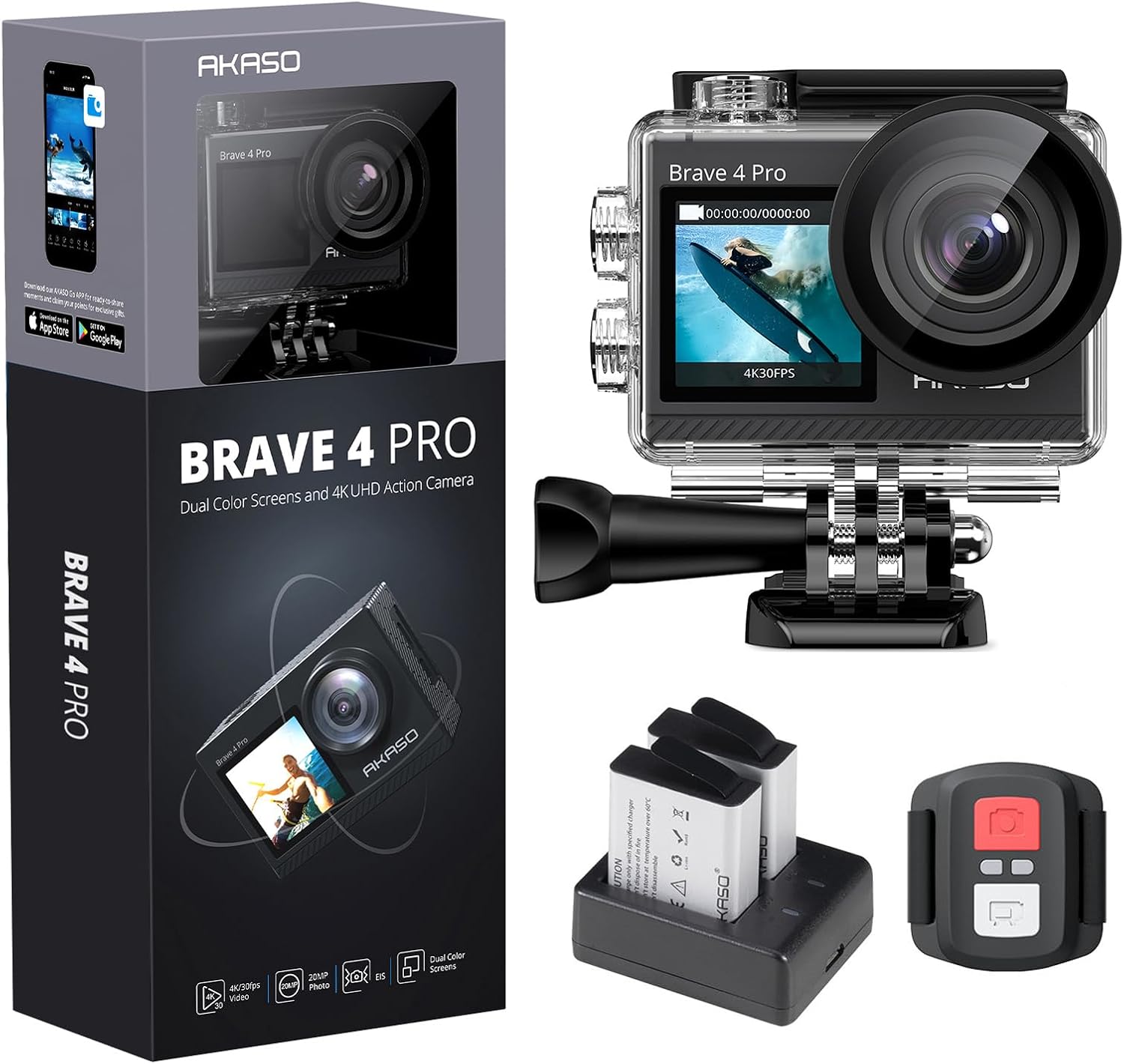 AKASO Brave 4 Pro Action Cam 4K 40M Fotocamera Subacquea, Videocamera 20MP WiFi 170掳 Grandangolare Doppio Schermo EIS Stabilizzazione, Touch Screen, 5x Zoom, 2x1350mAh Batterie, Kits di Accessori