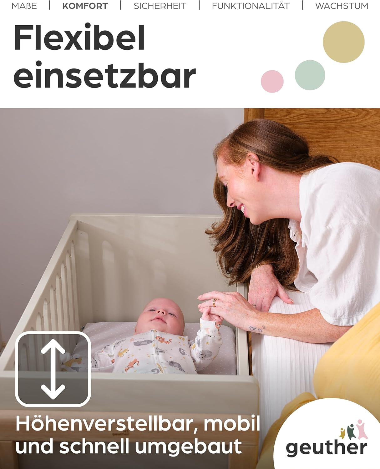 Geuther 4-in-1 Beistellbett Baby Hato, Baby Erstausstattung für Babyzimmer ab Geburt I Gitterbett umbaubar als Kinderbett, Sitzbank oder Kindertisch I Babybett mit Matratze I Buchenholz, Natur-Beige